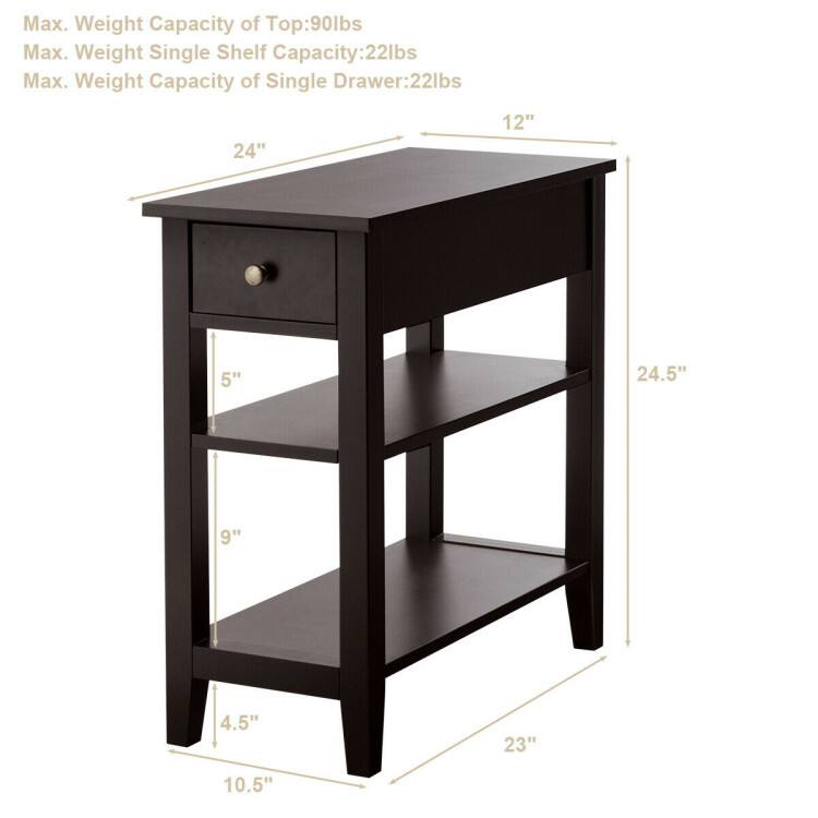 Max. Weight Capacity of Top: 90lbs  
Max. Weight Single Shelf Capacity: 22lbs  
Max. Weight Capacity of Single Drawer: 22lbs  

Dimensions:  
- Width: 24"  
- Depth: 12"  
- Height: 24.5"  
- Shelf Height: 5"  
- Shelf Height: 9"  
- Shelf Height: 4.5"  
- Drawer Height: 10.5"  
- Drawer Height: 23"