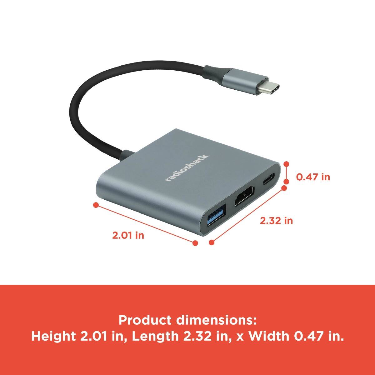Product dimensions:  
Height 2.01 in, Length 2.32 in, x Width 0.47 in.
