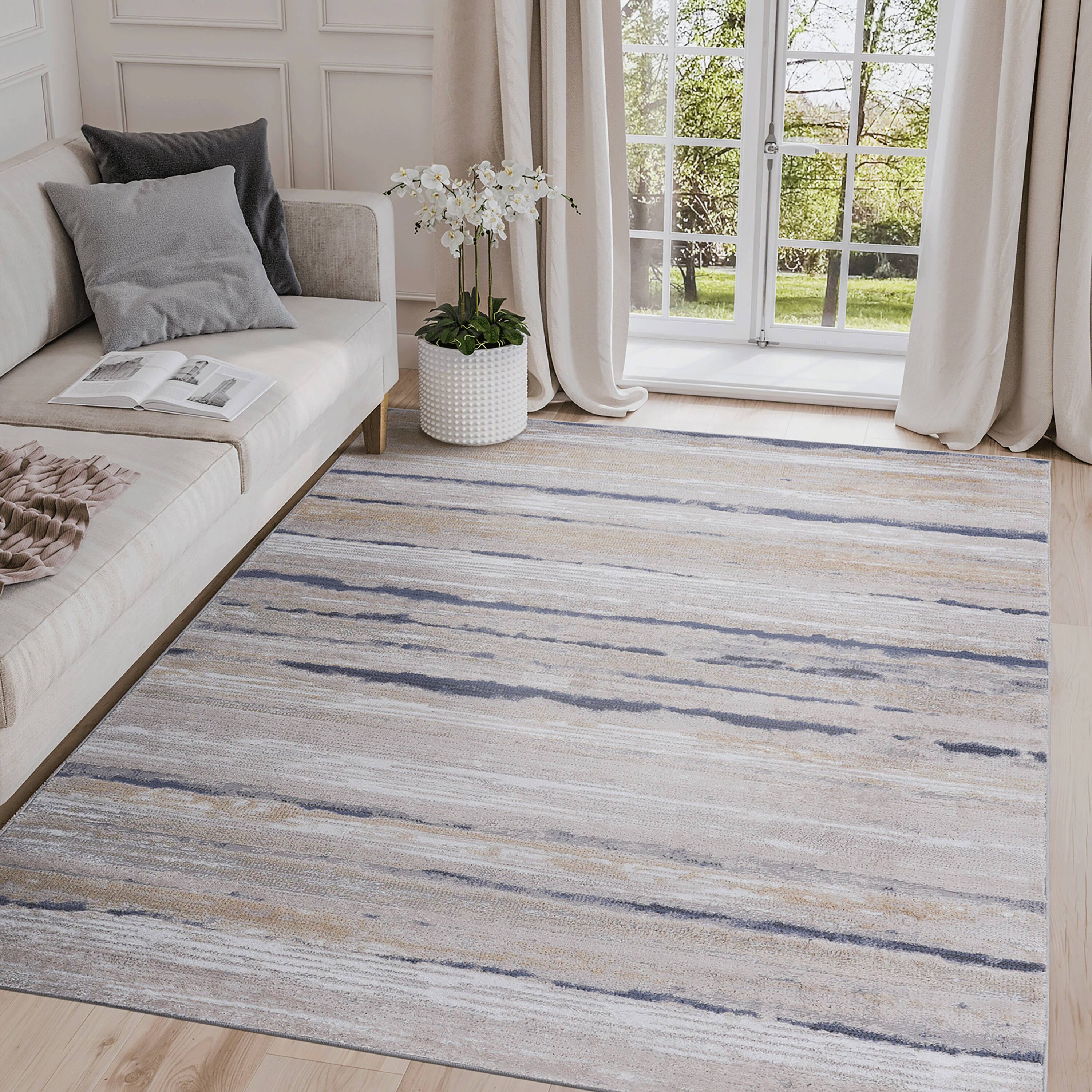 Angle. TinyHomie - Collection 8X10 Ivory/Blue/Striped Non-Shedding Living Room Bedroom Dining Office Stylish and Stain Resistant Area Rug - Ivory.