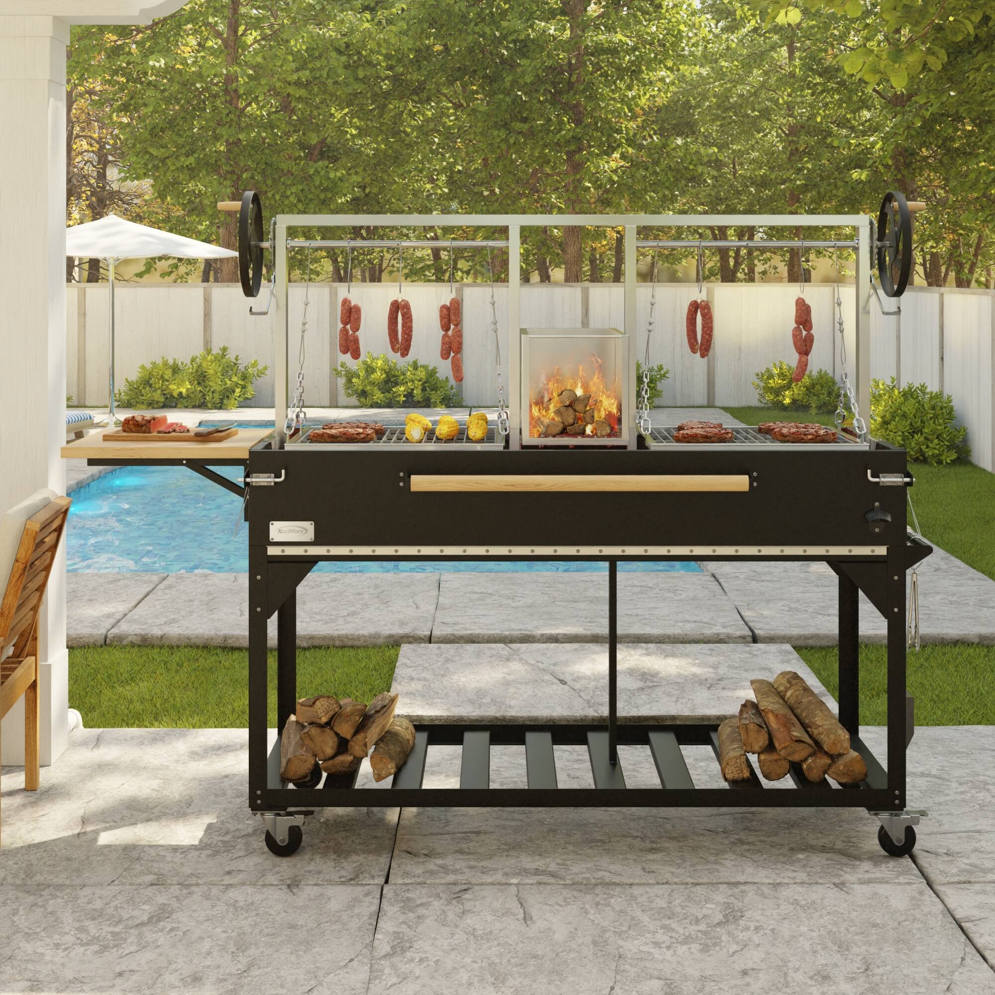 Left. Koolmore - 92 in. Argentine Santa Maria Charcoal and Wood Grill, Adjustable Outdoor BBQ, in Black (KM-OG-AWD-92) - Black.