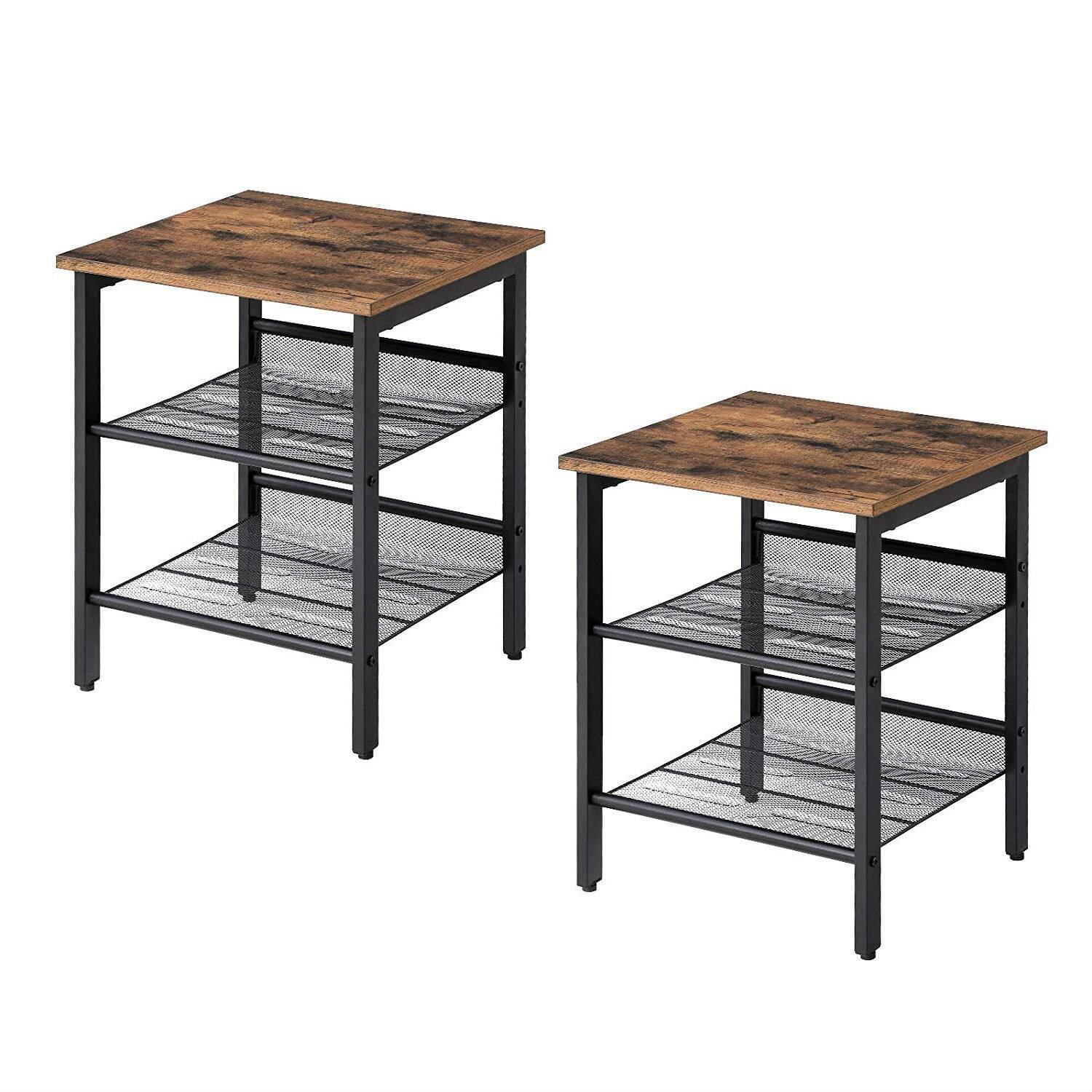 Hivvago - Set of 2 Side Table Nightstand with Top and Mesh Shelves - Rustic Brown