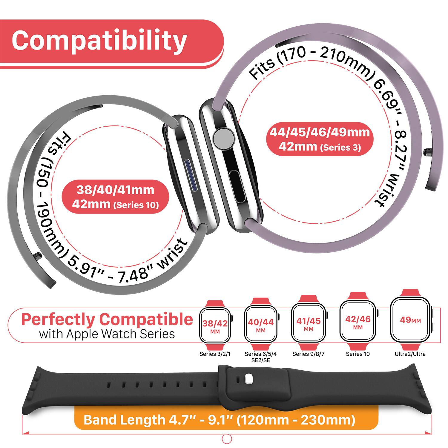 Compatibility

- Fits (170 - 210mm) 6.69" - 8.27" wrist
  - 44/45/46/49mm
  - 42mm (Series 3)

- Fits (150 - 190mm) 5.91" - 7.48" wrist
  - 38/40/41mm
  - 42mm (Series 10)

Perfectly Compatible with Apple Watch Series

- 38/40/41mm
- 40/44mm
- 41/45mm
- 42/46mm
- 49mm

Series 3/2/1
Series 6/5/4 SE2/SE
Series 9/8/7
Series 10
Ultra2/Ultra

Band Length 4.7" - 9.1" (120mm - 230mm)