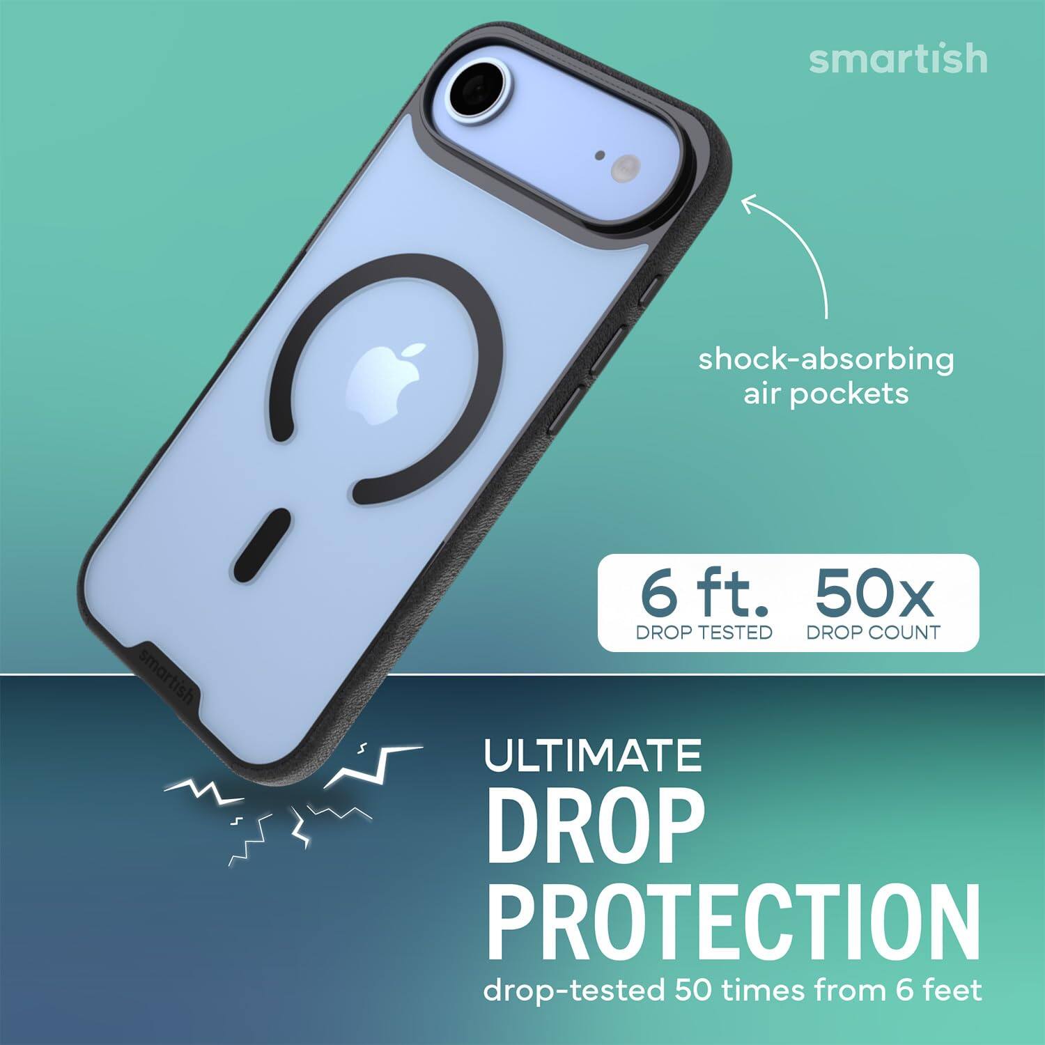 smartish

shock-absorbing air pockets

smartish

6 ft. 50x DROP TESTED DROP COUNT

ULTIMATE DROP PROTECTION

drop-tested 50 times from 6 feet