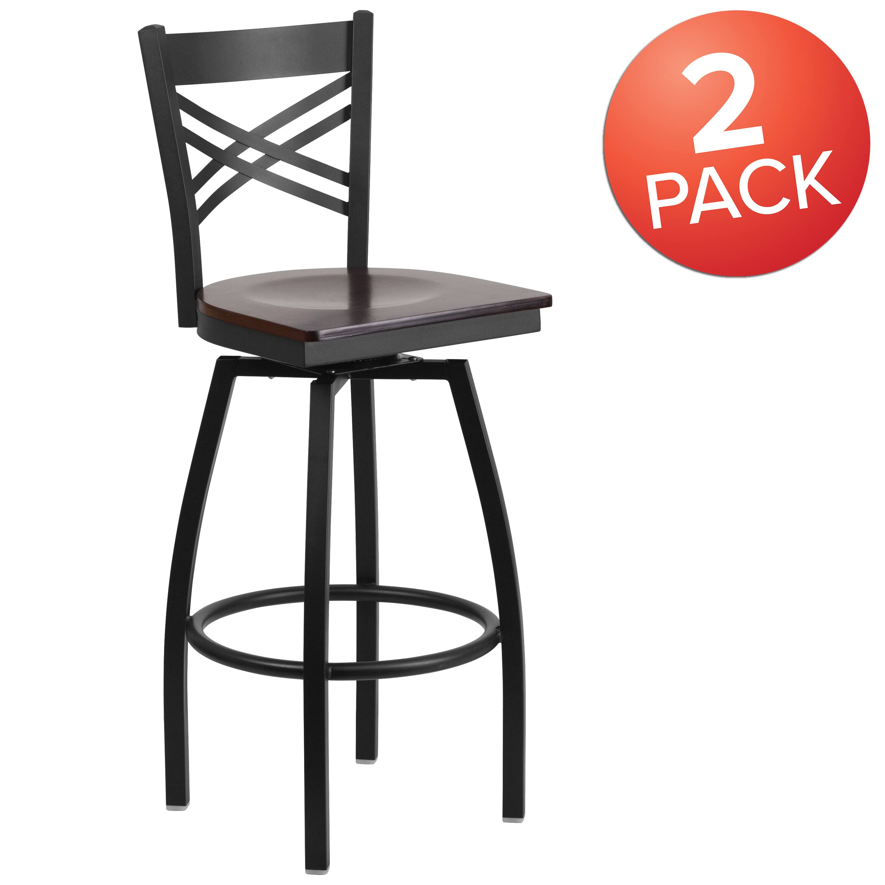 Alt View 1. Emma + Oliver - 2 Pack "X" Back Swivel Metal Barstool - Walnut Wood Seat/Black Metal Frame.