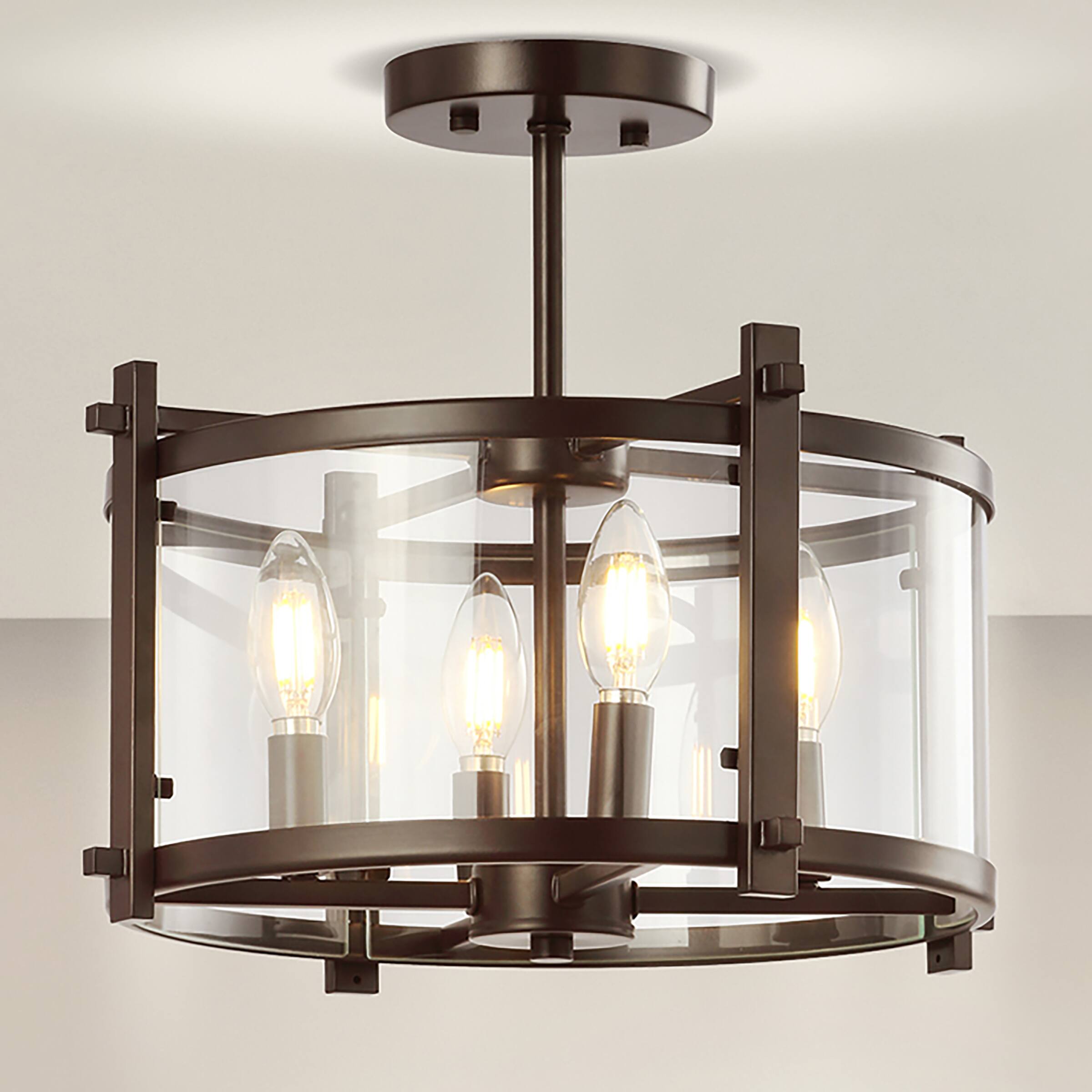 Alt View 1. Jonathan Y - Hampdon 15" Iron/Glass Modern Drum LED Flush Mount, Oil Rubbed Bronze - Oil Rubbed Bronze/Clear.