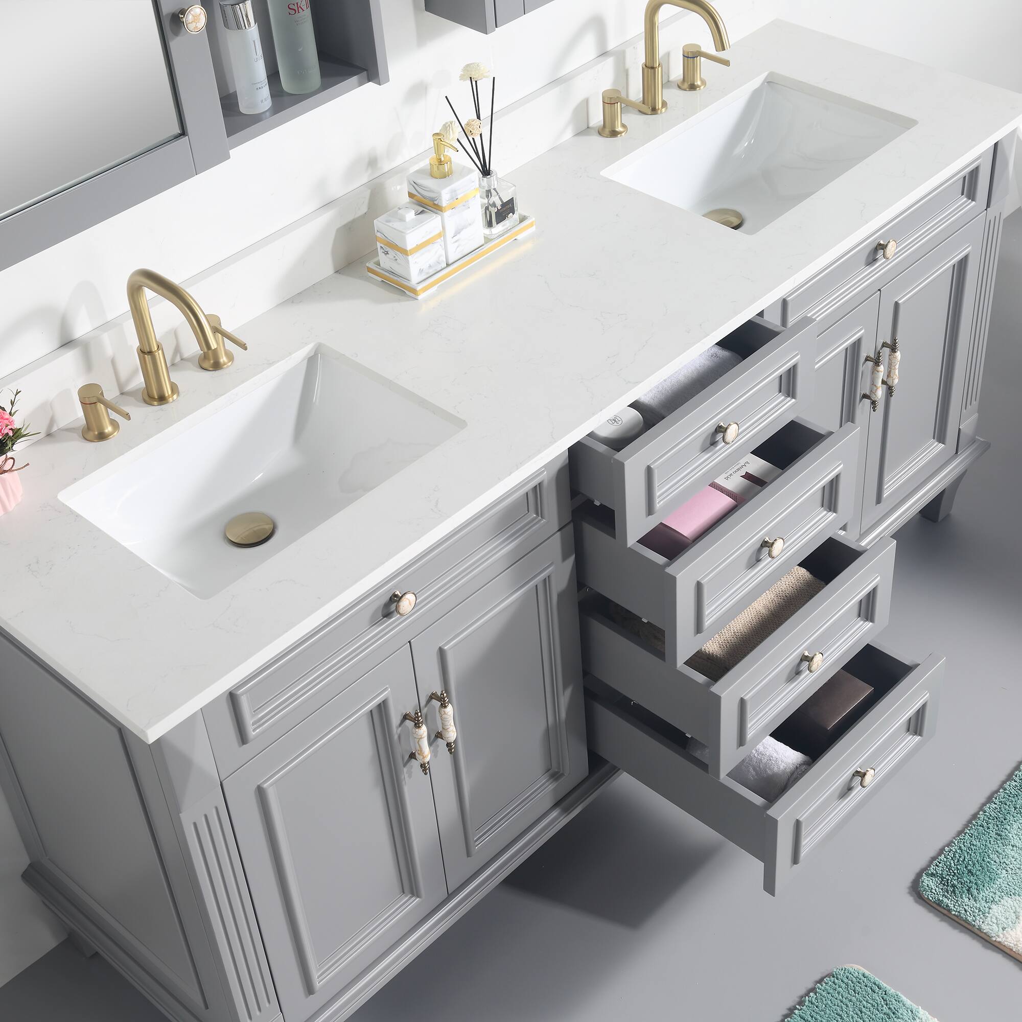 Alt View 1. WELLFOR - ARTWOOD 72 in. Solid Wood Bath Vanity with Quartz Top, Double Sink, Soft Close, Assembled - Gray.
