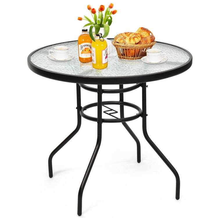 Alt View 4. Mondawe - 32in Round Tempered Glass Patio Table w/ Umbrella Hole, Outdoor Steel Frame Side Table for Deck - Black.