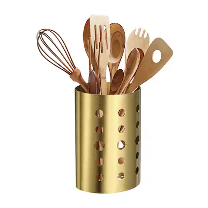 Front. Unique Bargains - Kitchen Utensil Holder, 4.53"x6.7" Oval Stainless Steel with Drain Hole for Straw Spoon Chopstick - Gold.