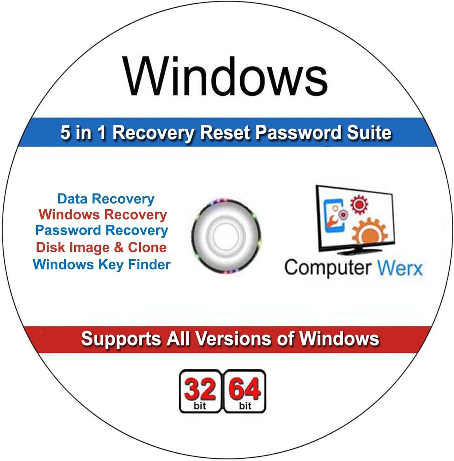 Windows 5 in 1 Recovery Reset Password Suite, Data Recovery, Windows Recovery, Password Recovery, Disk Image & Clone, Windows Key Finder, Computer Werx, Supports All Versions of Windows, 32 bit, 64 bit