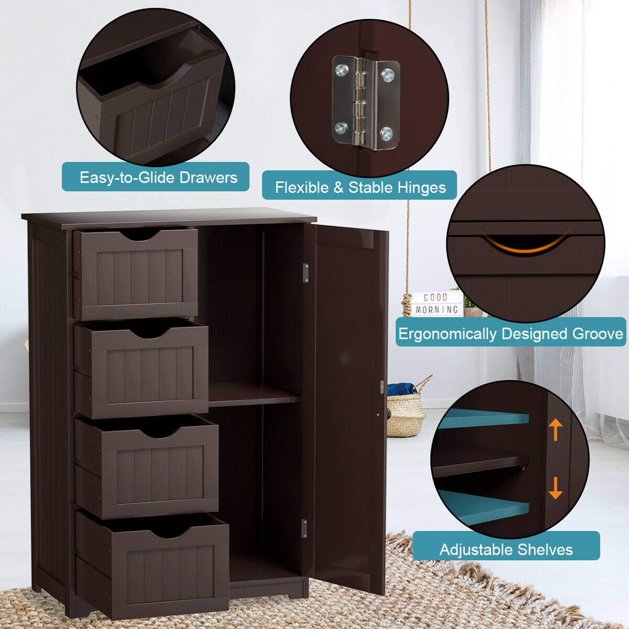 Easy-to-Glide Drawers  
Flexible & Stable Hinges  
Ergonomically Designed Groove  
Adjustable Shelves