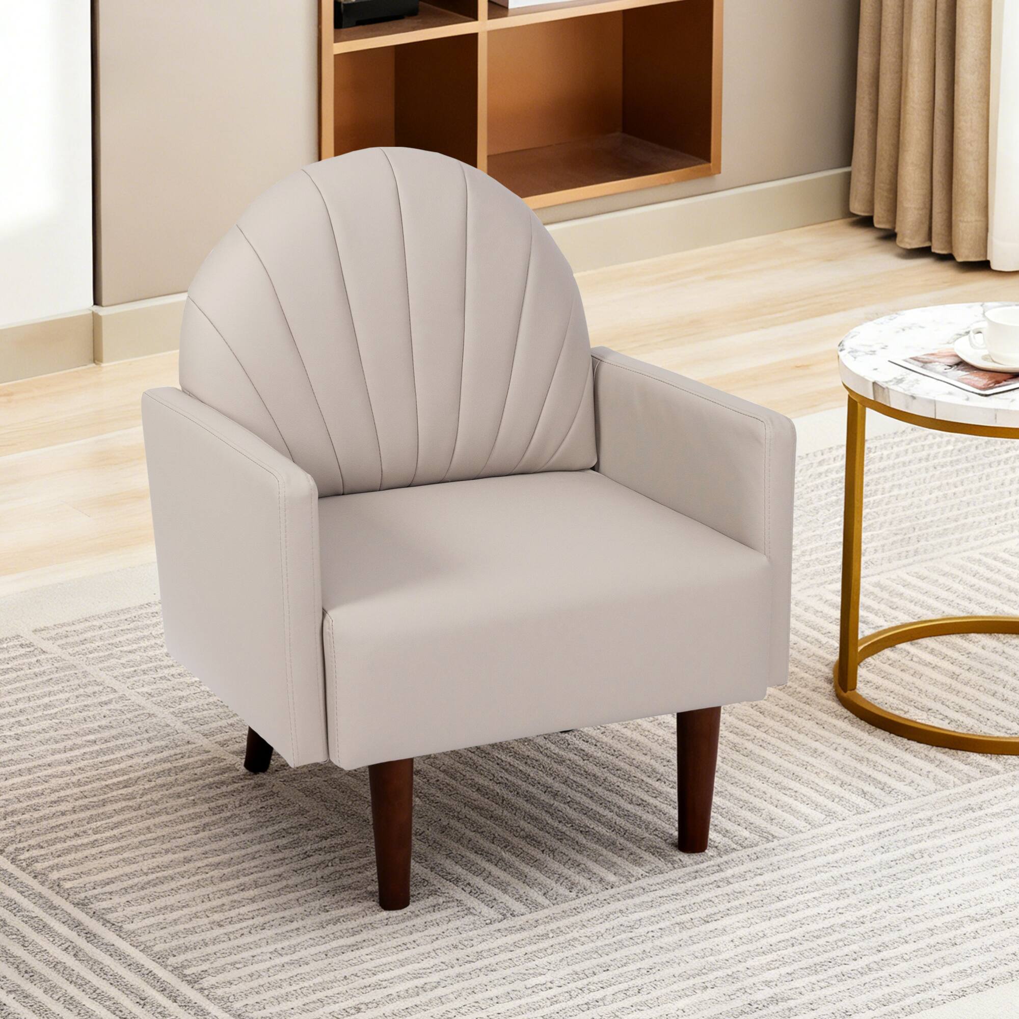 Alt View 8. GOODSILO - Contemporary Shell-Shaped Armchair with Upholstered Comfort and Wooden Legs for Versatile Home Decor - Khaki.