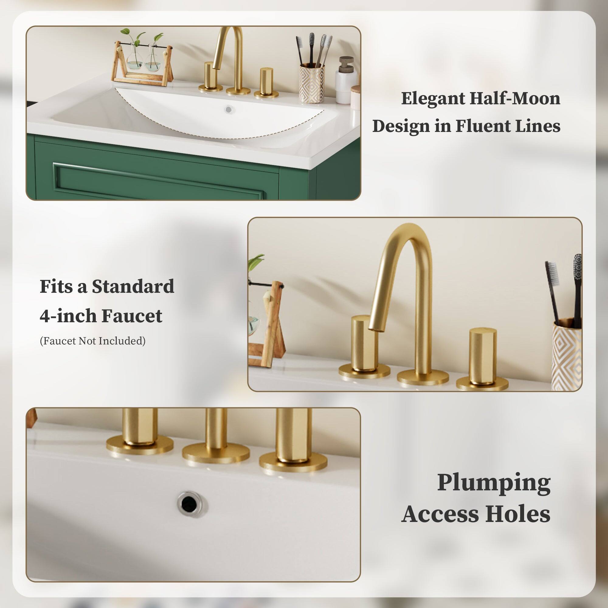 Elegant Half-Moon Design in Fluent Lines  
Fits a Standard 4-inch Faucet (Faucet Not Included)  
Plumbing Access Holes