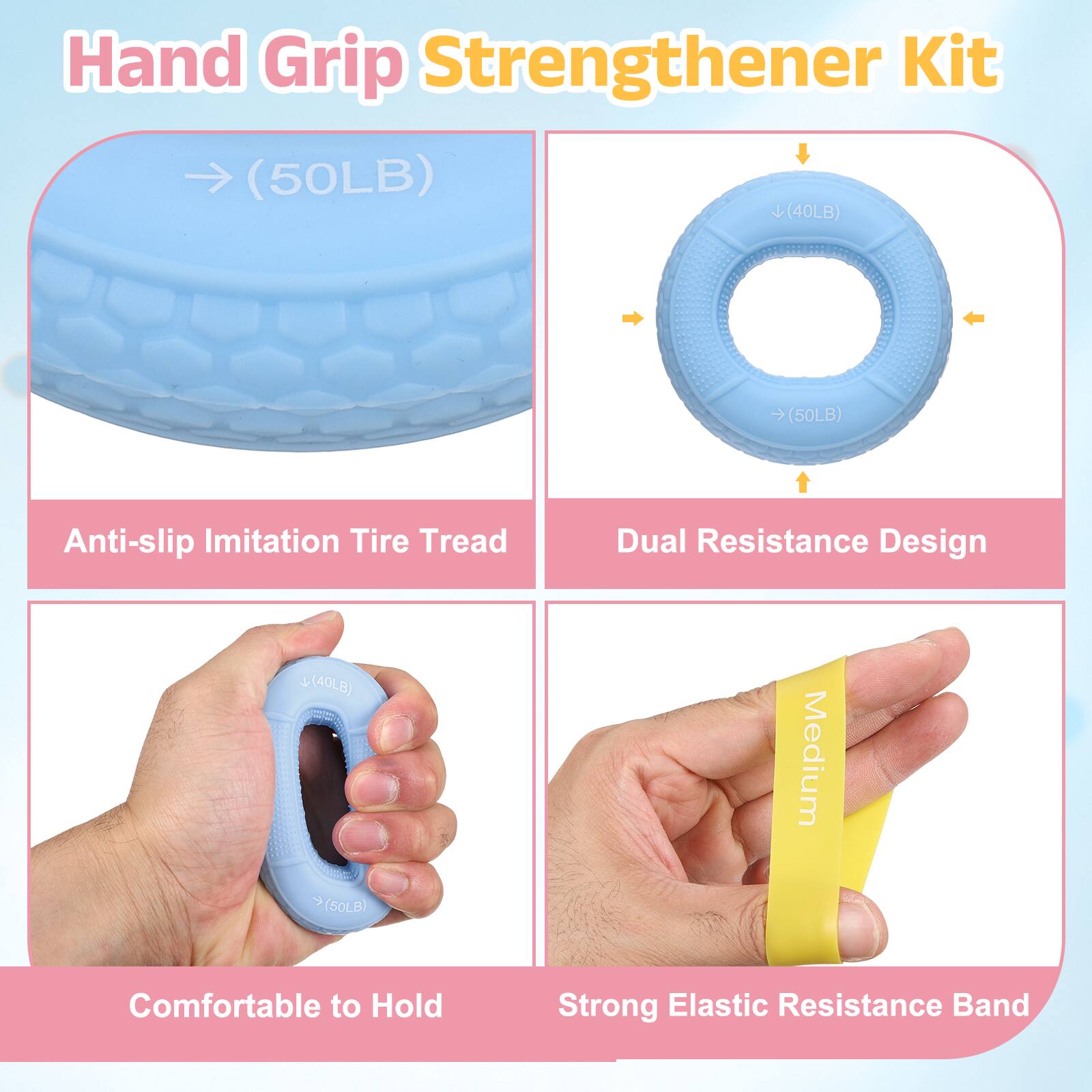 Hand Grip Strengthener Kit (50LB) (40LB) FRR FERSEER UTFFE

Anti-slip Imitation Tire Tread Dual Resistance Design (40LB) (50LB)

Medium Comfortable to Hold Strong Elastic Resistance Band