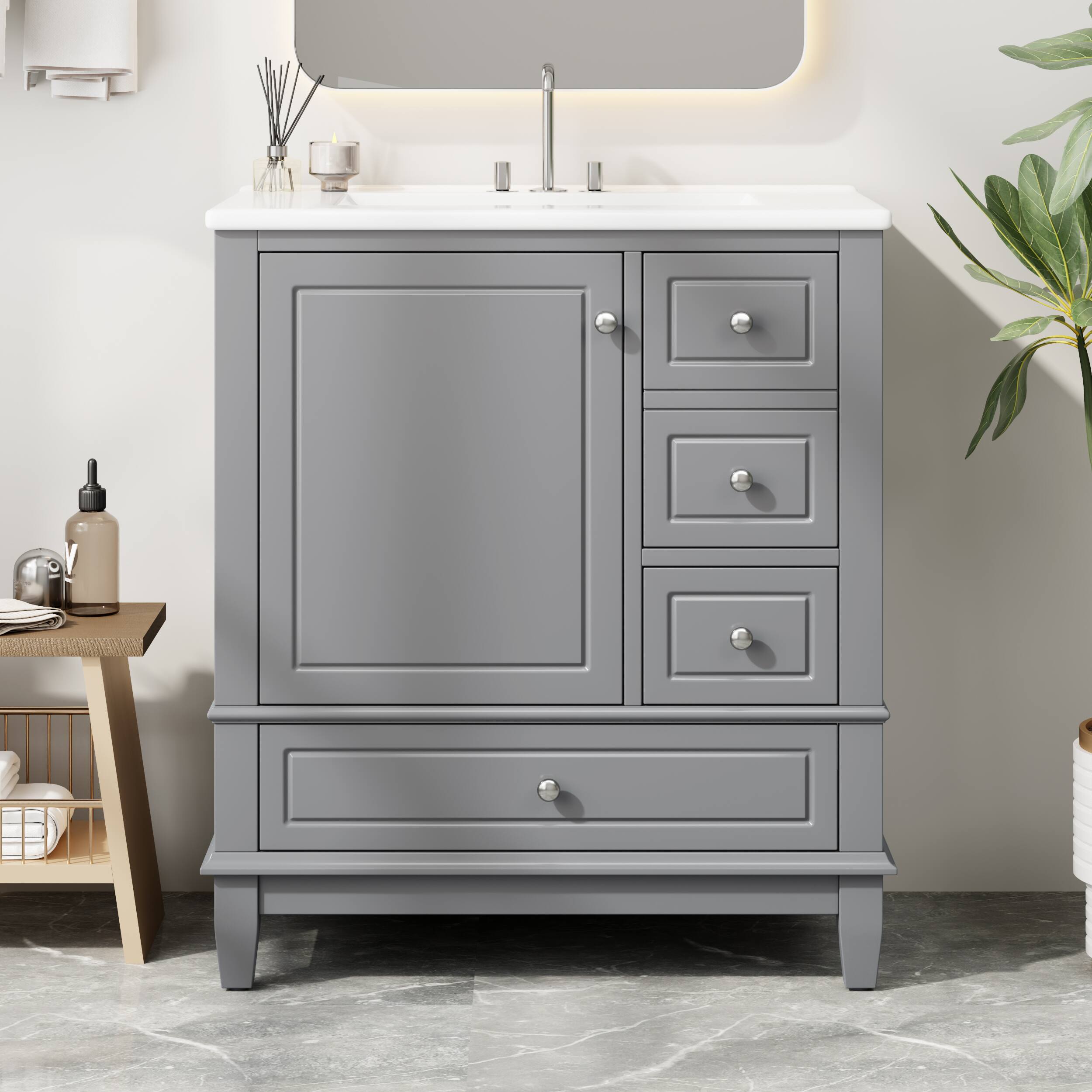 Angle. Tiramisubest - 30" Bathroom Vanity with Sink, One Door with Shelf and Three Drawers, Soft Close Door, Grey - Grey.