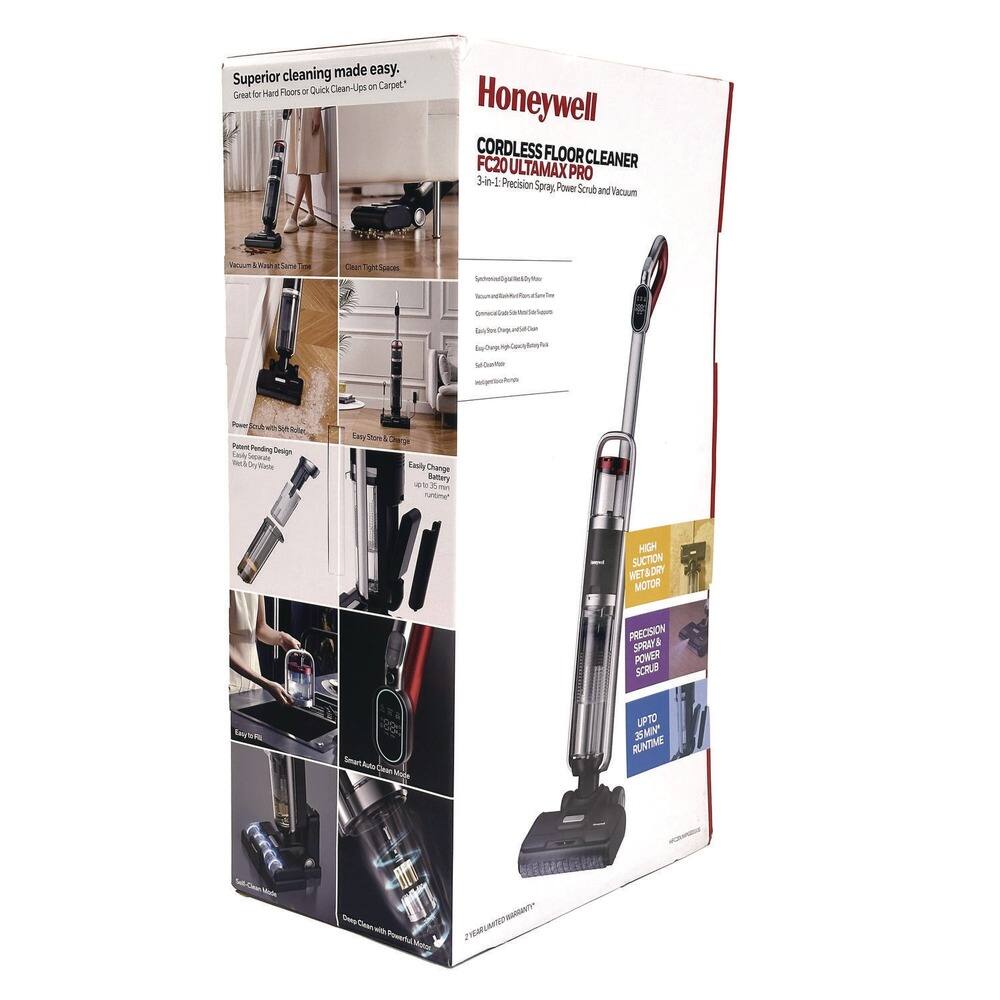 Honeywell  
CORDLESS FLOOR CLEANER  
FC20 ULTIMAX PRO  
Precision Spray, Power Scrub and Vacuum  

Superior cleaning made easy.  
Great for Hard Floors or Quick Clean-Ups on Carpet*  

- Vacuum & Wet Viscous General Tool  
- Clean-Tough Spaces  
- Power with 360° Roller Brush  
- Easy Store & Charge  
- Easy Battery Change  
- Smart Auto Clean Mode  
- Deep Clean with Powerful Motor  
- Easy to Fill  
- Smart Auto Clean Mode  
- Smart Auto Clean Mode  

- High Suction Wet & Dry Motor  
- Precision Spray & Power Scrub  
- Up to 35 Min* Runtime  

2 YEAR WARRANTY  

*Patent Pending Design  
*Based on lab testing