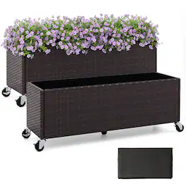 Costway - 2 PCS Raised Garden Bed All-Weather PE Rattan Wicker Patio Planter Box with Wheels - Brown
