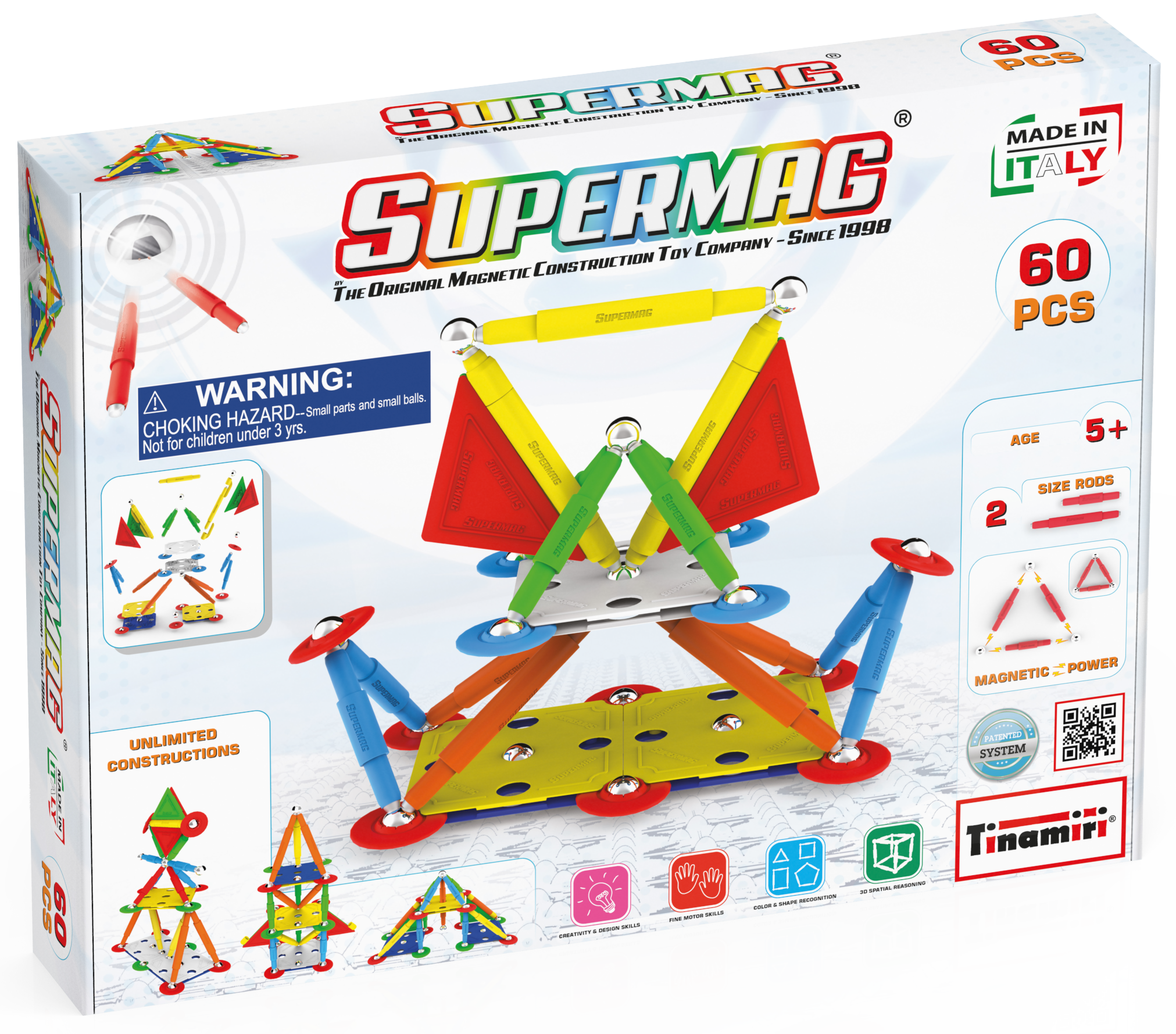 Tinamiri - SUPERMAG - Multicolor 60 | Magnetic Construction Toy - 60 piece set | European-made|STEM|Magnetic Building Sets - White