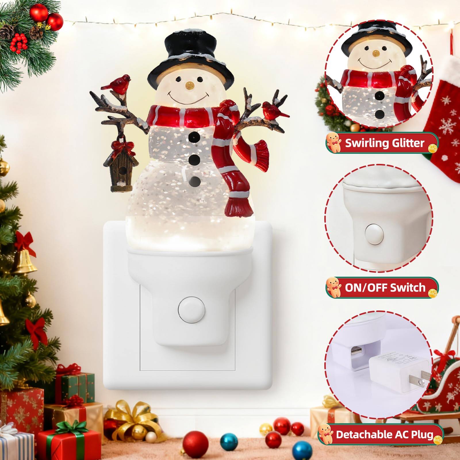 - Swirling Glitter
- ON/OFF Switch
- Detachable AC Plug