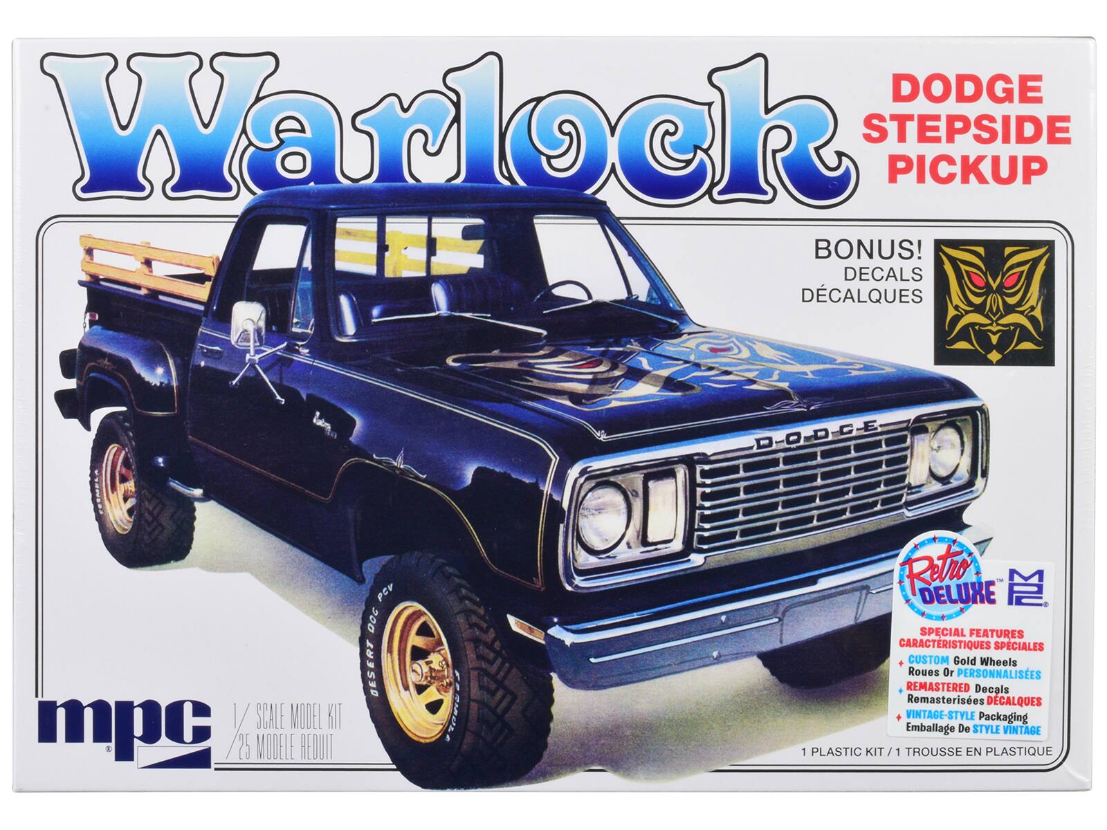 **Warlock**  
DODGE STEPSIDE PICKUP  

BONUS!  
DECALS  
DÉCALQUES  

1/25 SCALE MODEL KIT  
1/25 MODÈLE RÉDUIT  

**Retro Deluxe**  
SPECIAL FEATURES  
CARACTÉRISTIQUES SPÉCIALES  
- CUSTOM Gold Wheels  
- Roues Or PERSONNALISÉES  
- REMASTERED Decals  
- Remasterisées DÉCALQUES  
- VINTAGE-STYLE Packaging  
- Emballage De STYLE VINTAGE  

1 PLASTIC KIT / 1 TROUSSE EN PLASTIQUE  

mpc