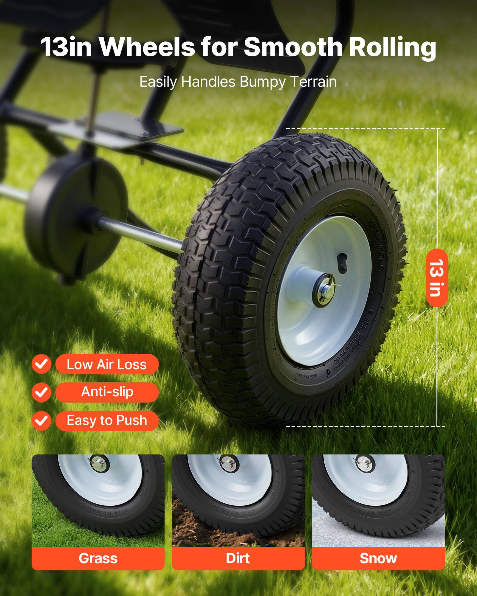 13in Wheels for Smooth Rolling  
Easily Handles Bumpy Terrain  

- Low Air Loss  
- Anti-slip  
- Easy to Push  

Grass  
Dirt  
Snow