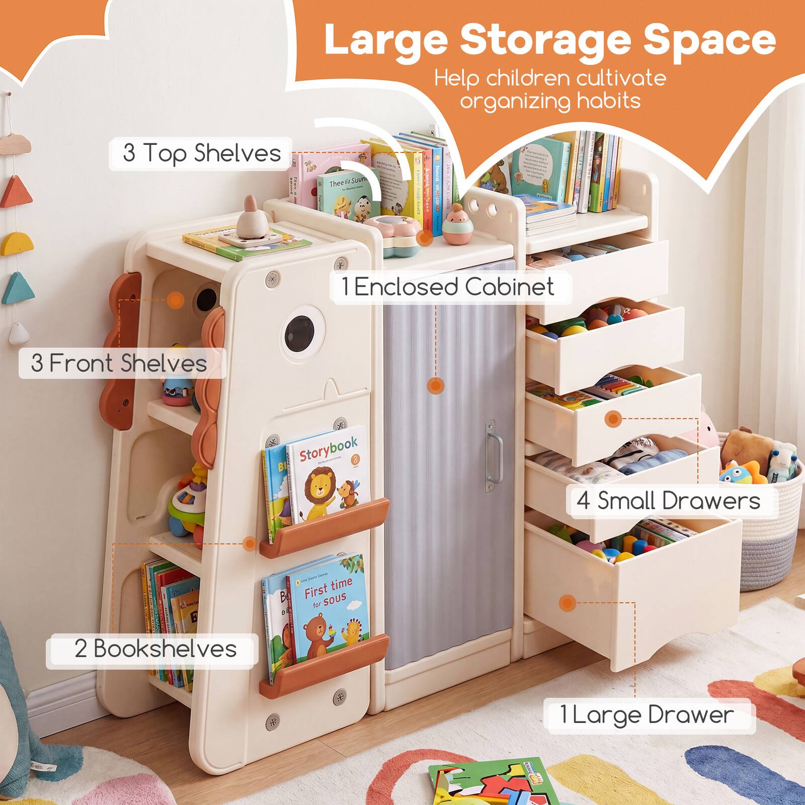 Large Storage Space  
Help children cultivate organizing habits  

- 3 Top Shelves  
- 1 Enclosed Cabinet  
- 3 Front Shelves  
- 2 Bookshelves  
- 4 Small Drawers  
- 1 Large Drawer