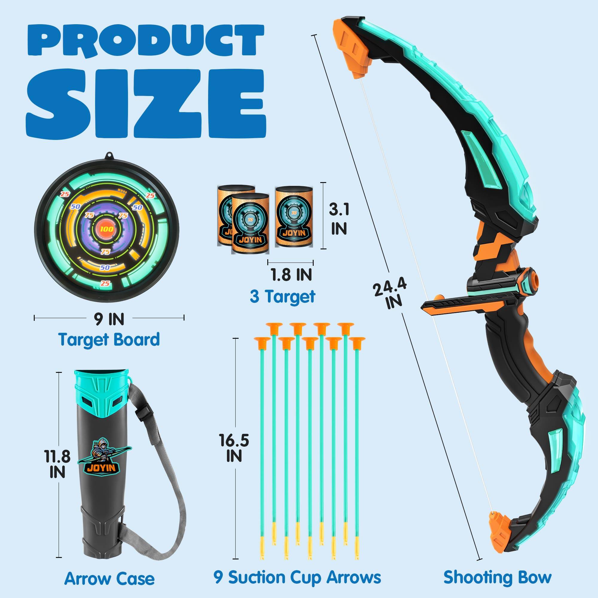 PRODUCT SIZE

- Target Board: 9 IN
- 3 Target: 1.8 IN
- Arrow Case: 11.8 IN
- 9 Suction Cup Arrows: 16.5 IN
- Shooting Bow: 24.4 IN