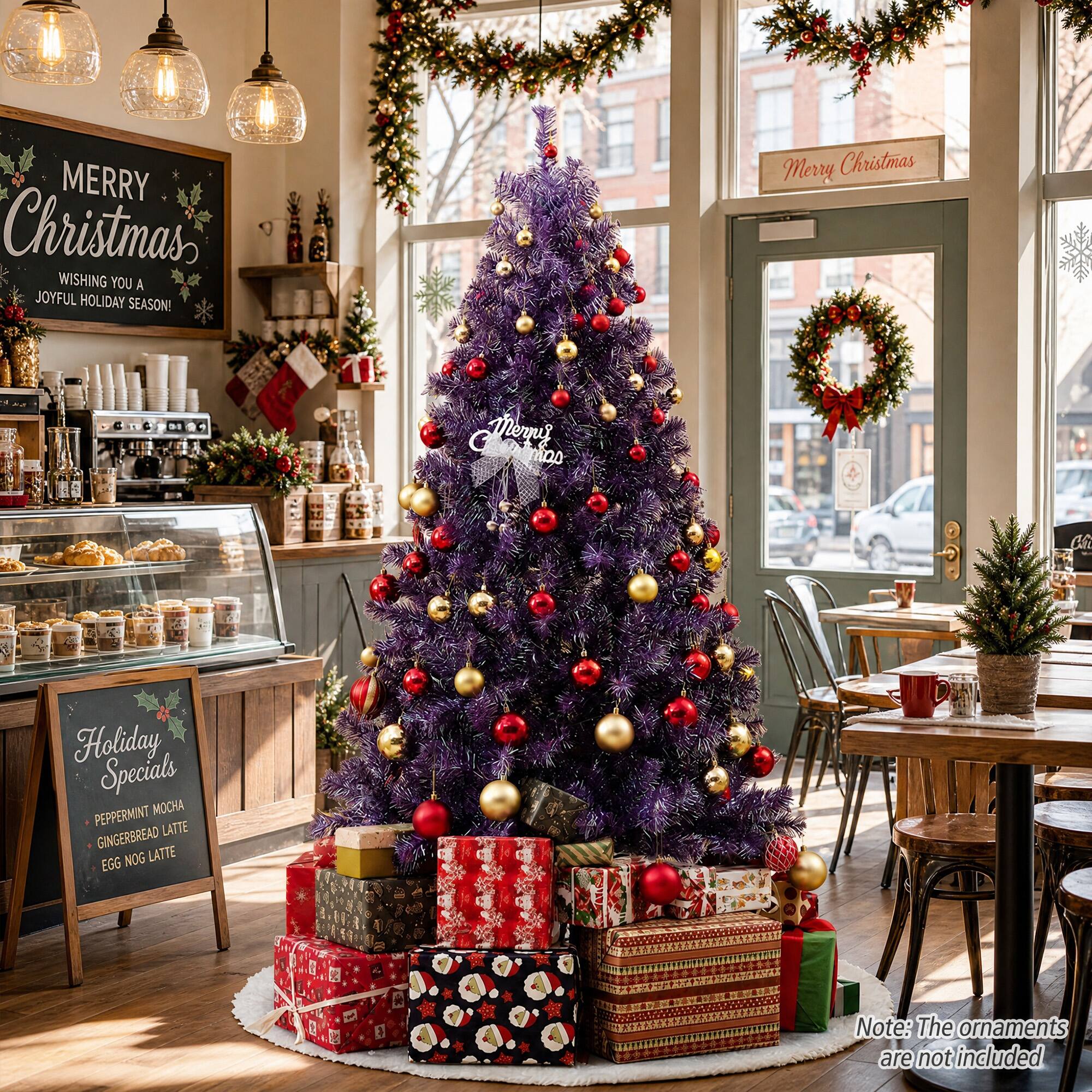 MERRY Christmas  
WISHING YOU A JOYFUL HOLIDAY SEASON!

Holiday Specials  
PEPPERMINT MOCHA  
GINGERBREAD LATTE  
EGG NOG LATTE

Note: The ornaments are not included