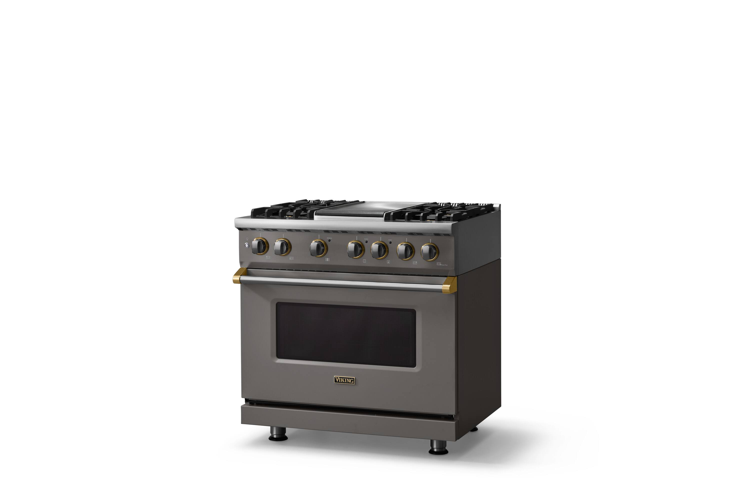 Angle. Viking - 36 in. Wide 4 Burner Pro 5 Series 5.6 Cu. Ft. Freestanding Sealed LP DF Convection Range/Grdl with Brushed Brass Trim - Damascus Gray.