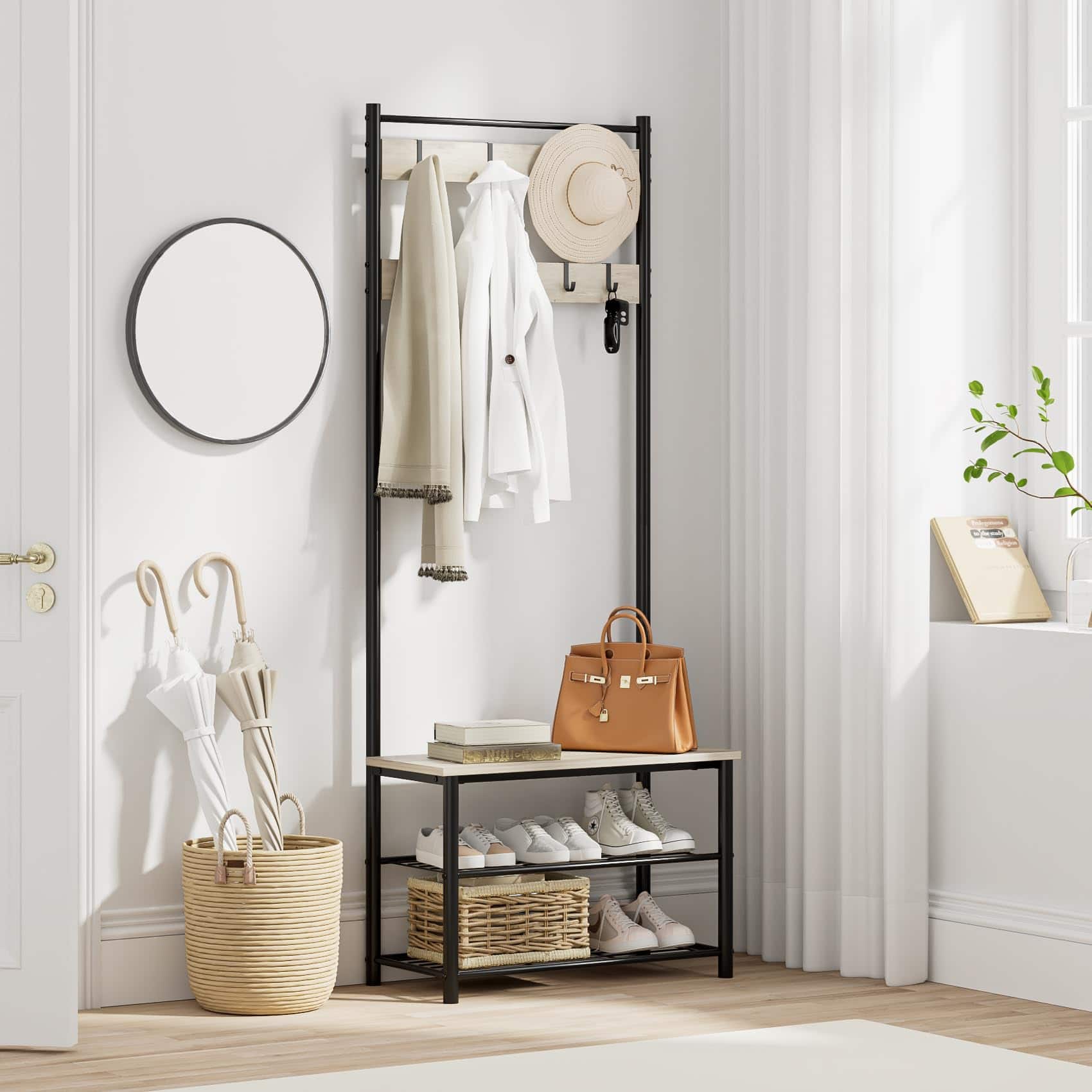 Hirose Alice - Hall Tree with Bench and Shoe Storage -in-Coat Rack Freestanding Wooden Coat Rack with Shoe Bench with Meta - Greige