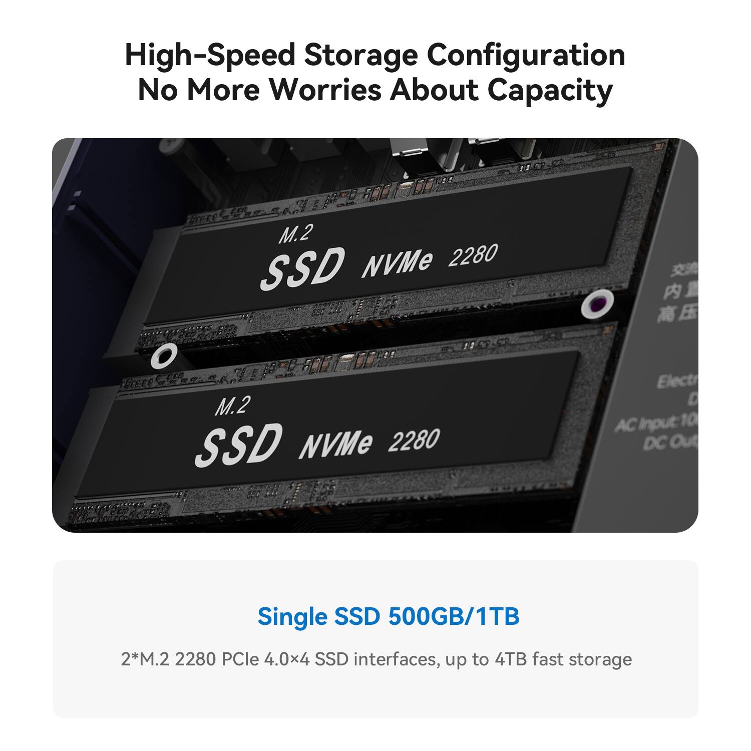 High-Speed Storage Configuration  
No More Worries About Capacity  

M.2 NVMe 2280 SSD  
M.2 SSD NVMe 2280  

Elect AC Input 10 DC Out  

Single SSD 500GB/1TB  
2*M.2 2280 PCIe 4.0x4 SSD interfaces, up to 4TB fast storage