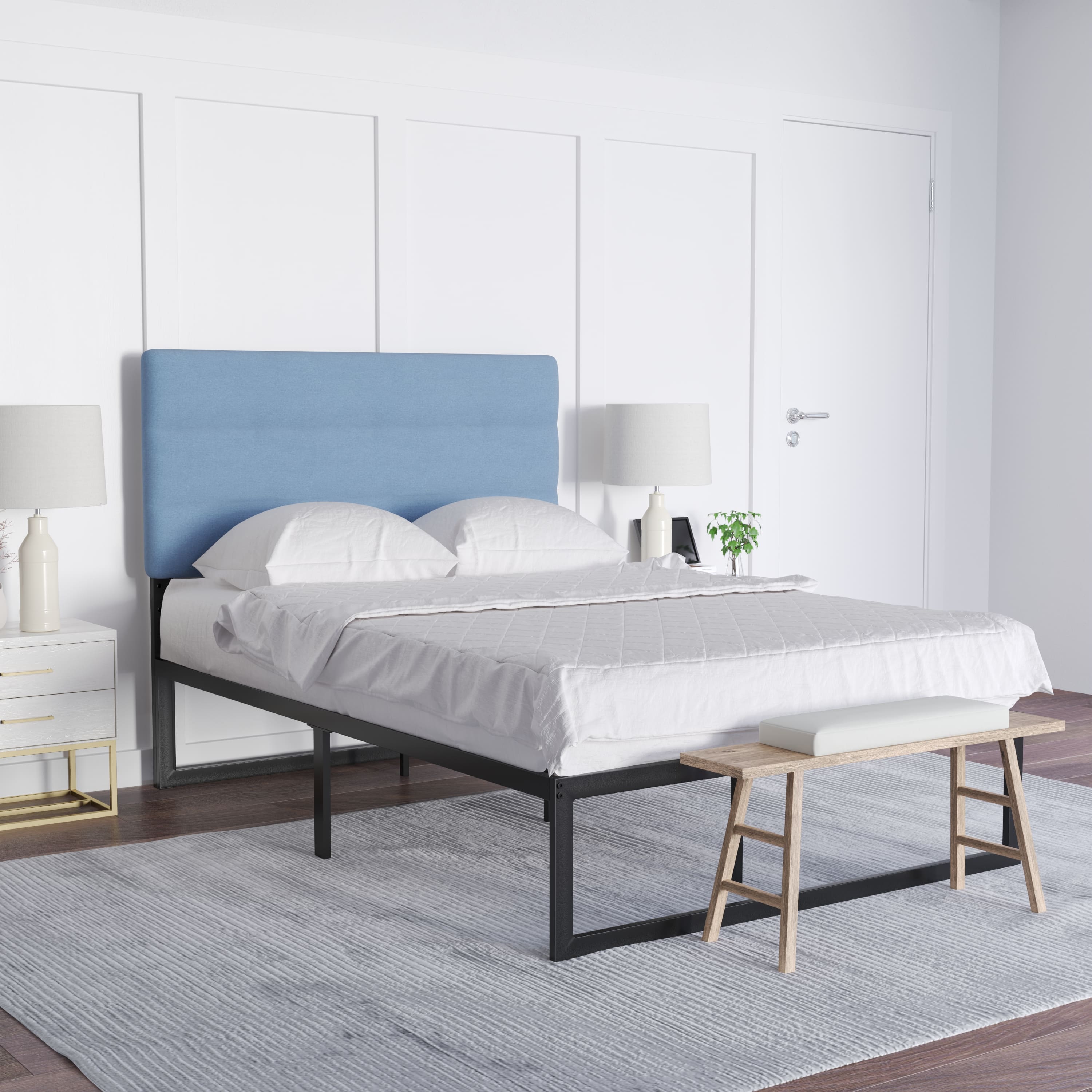 Emma + Oliver - Gannon Modern Upholstered Headboard with Horizontal Line Stitching and Adjustable Height Rails - Blue