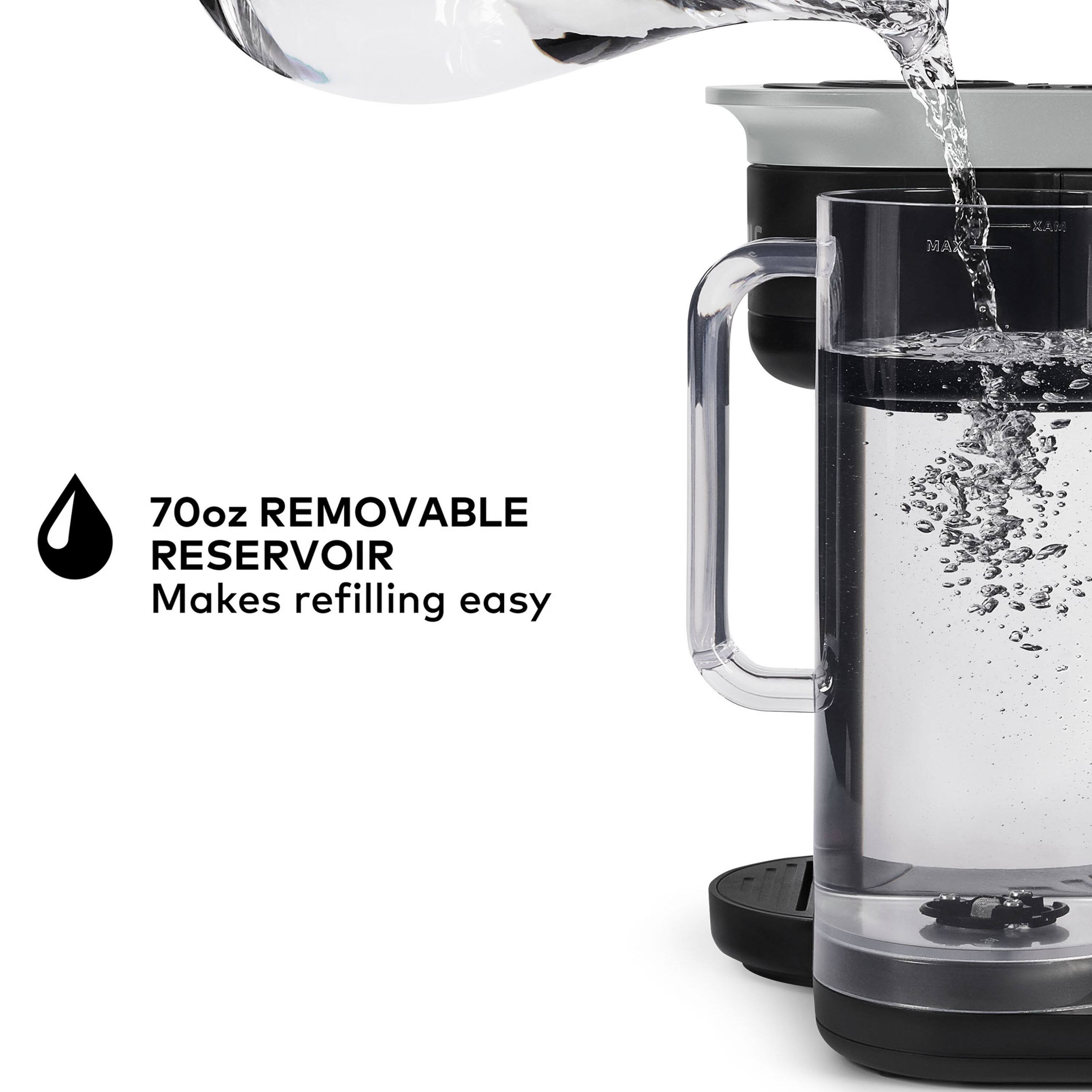 The text on the image reads, "70oz Removable Reservoir Makes refilling easy."