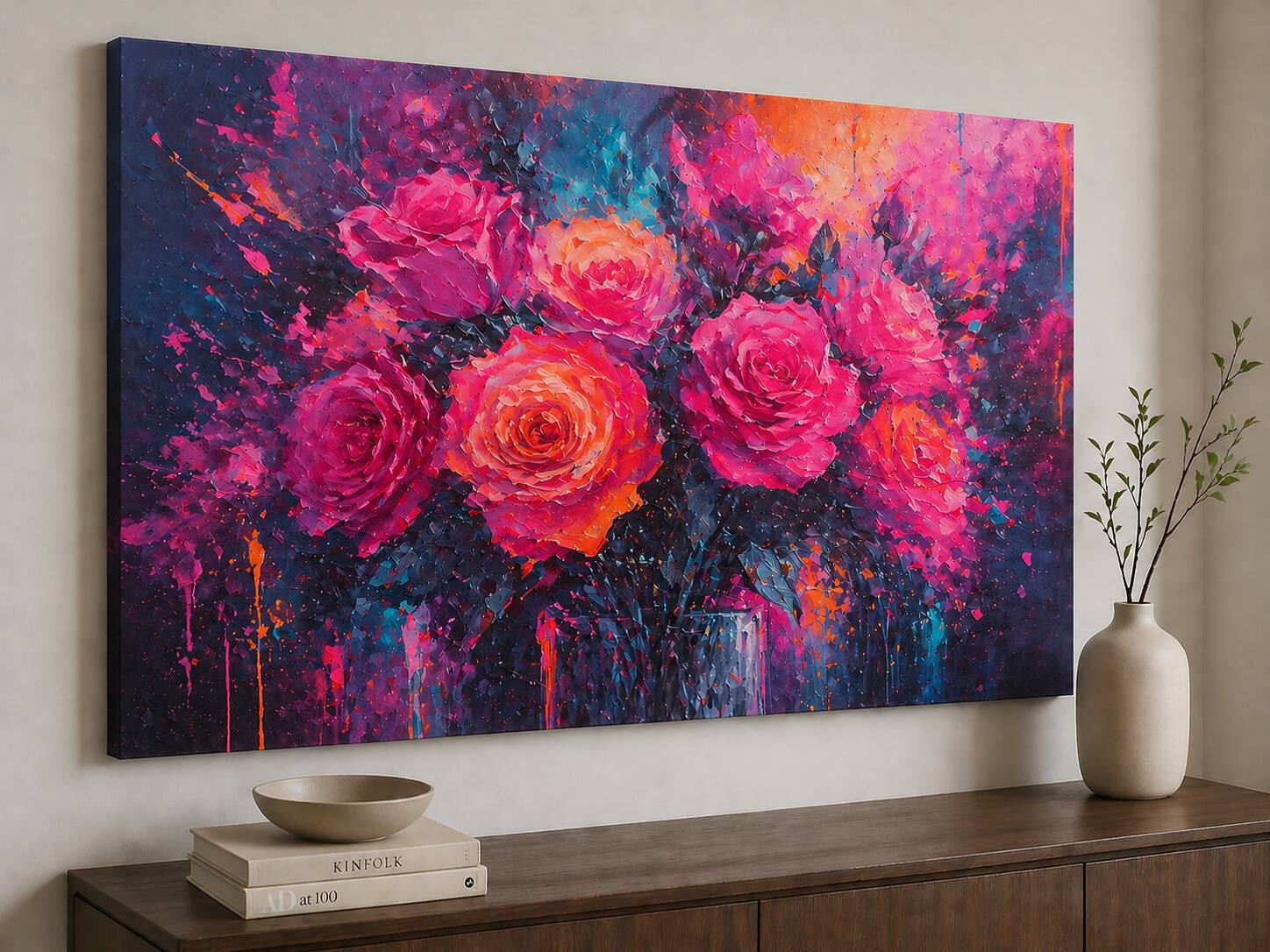 FC Design Large Canvas 24x36" Ready to Hang 24x36" Neon Rose Bouquet ...