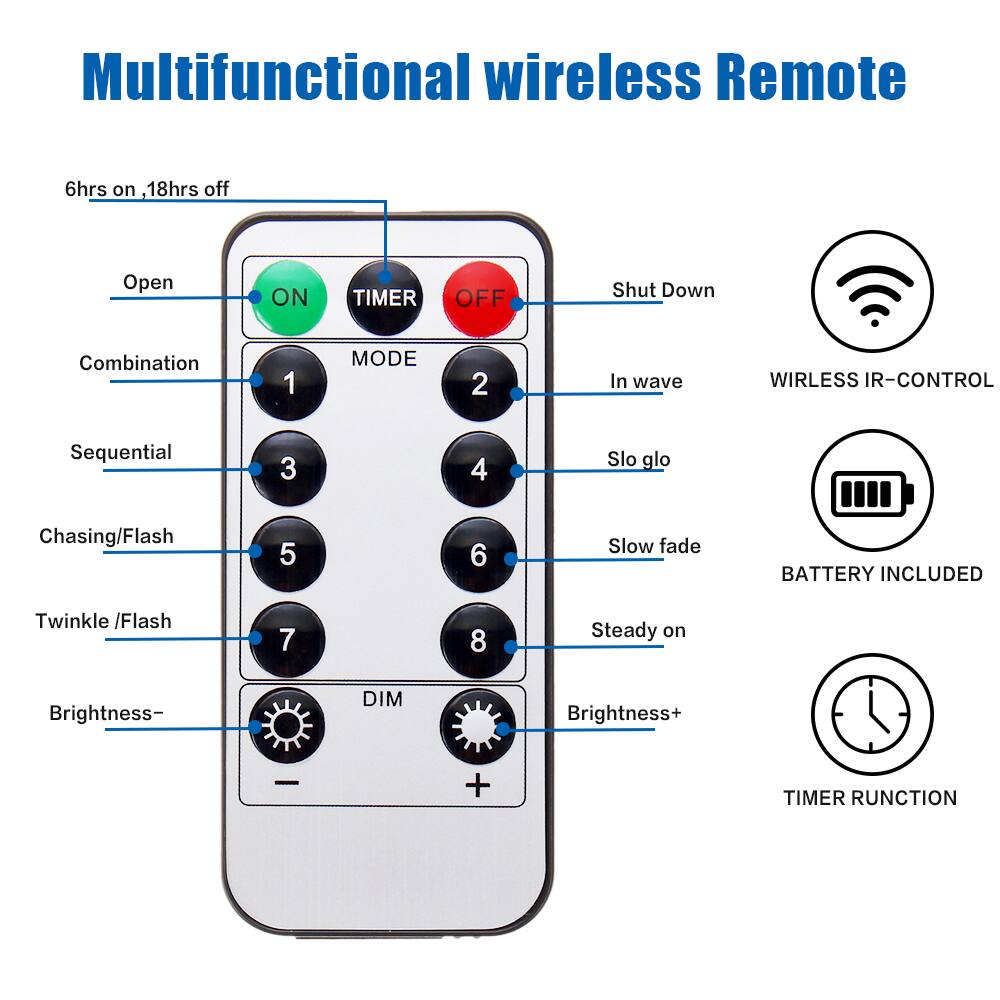 Multifunctional wireless Remote  
6hrs on, 18hrs off  
Open ON TIMER OFF Shut Down  
Combination 1 MODE 2  
Sequential 3 4  
Chasing/Flash 5 6  
Twinkle /Flash 7 8  
Brightness- DIM Brightness+  
TIMER RUNCTION  
WIRELESS IR-CONTROL  
BATTERY INCLUDED