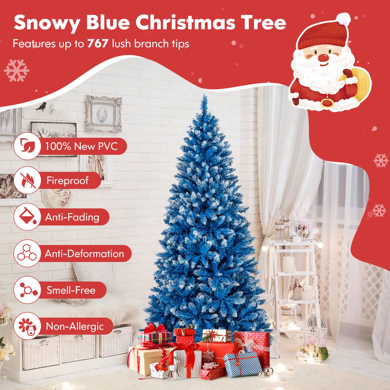 Snowy Blue Christmas Tree  
Features up to 767 lush branch tips  

100% New PVC  
Fireproof  
Anti-Fading  
Anti-Deformation  
Smell-Free  
Non-Allergic