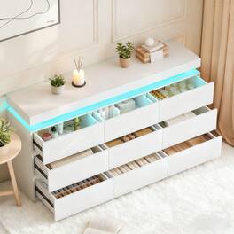 Vipbear - 9 Drawer Dresser with Power Outlet LED Light Organizer Cabinet, Modern Chest of Drawers for Closet, for Bedroom - White