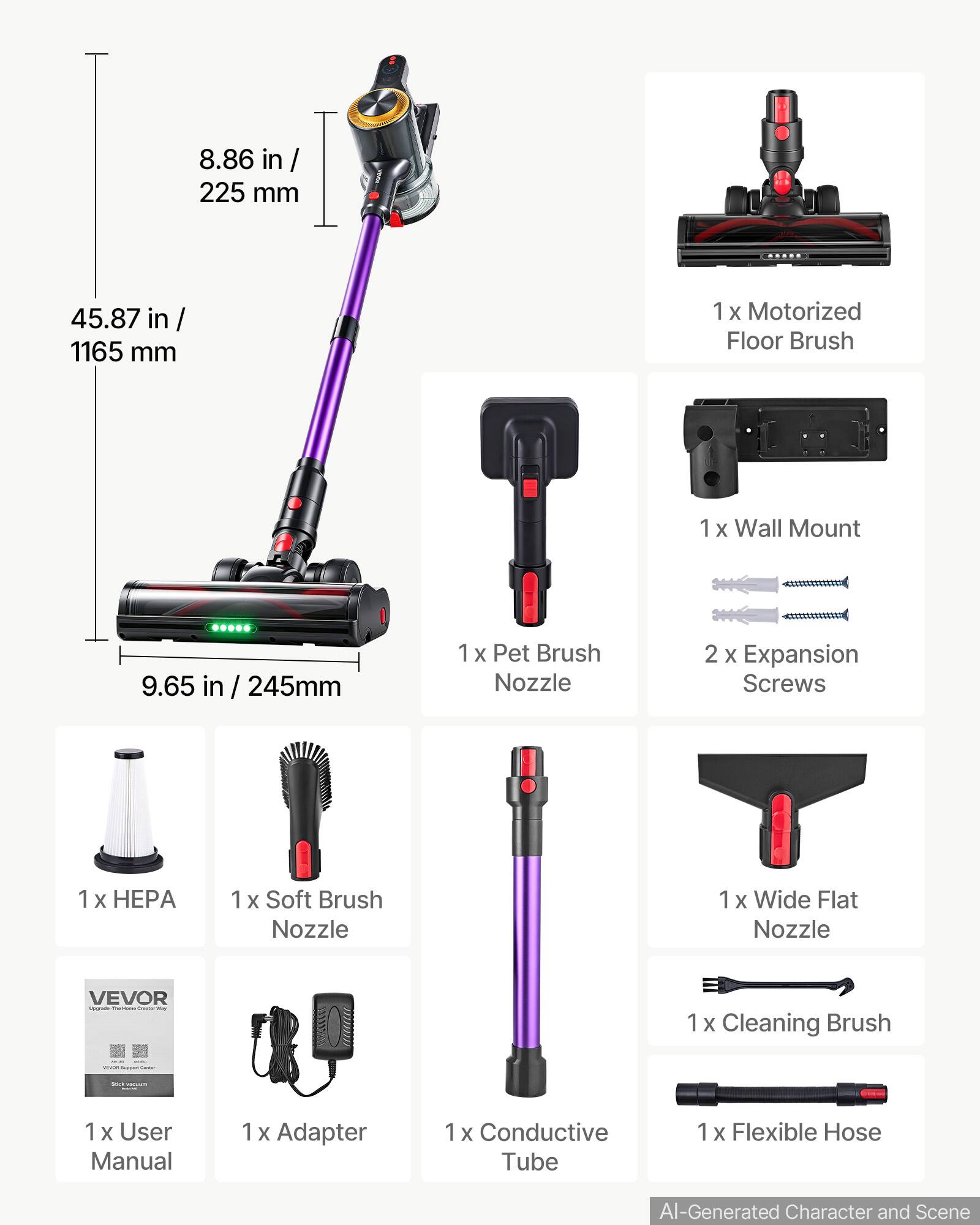 8.86 in/ 225 mm  
45.87 in/ 1165 mm  
9.65 in/ 245 mm  

1 x Motorized Floor Brush  
1 x Wall Mount  
2 x Expansion Screws  
1 x Pet Brush Nozzle  
1 x HEPA  
1 x Soft Brush Nozzle  
1 x Wide Flat Nozzle  
1 x Cleaning Brush  
1 x Adapter  
1 x Conductive Tube  
1 x Flexible Hose  
1 x User Manual  

VEVOR