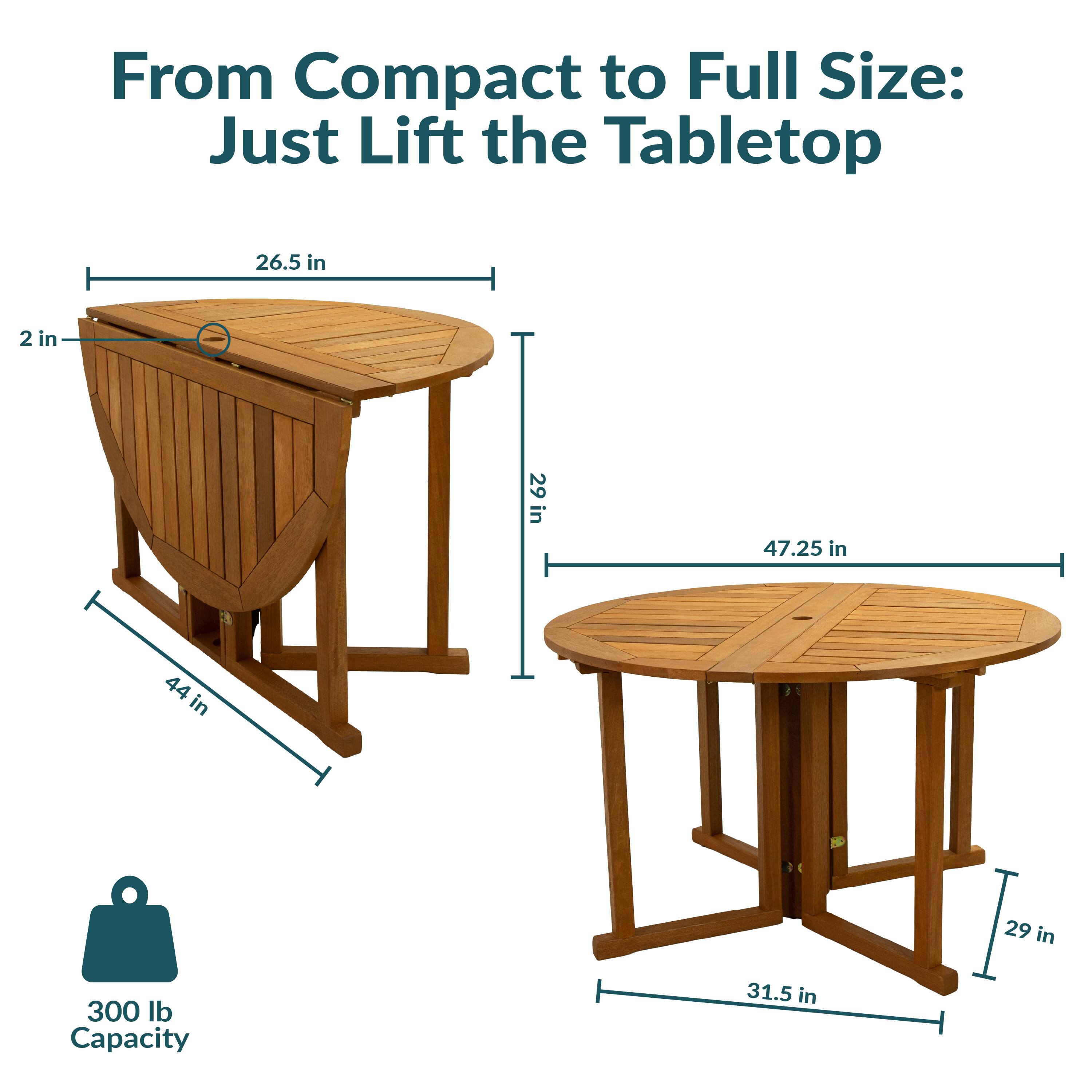 From Compact to Full Size: Just Lift the Tabletop

- 26.5 in
- 2 in
- 29 in
- 47.25 in
- 44 in
- 29 in
- 31.5 in

300 lb Capacity