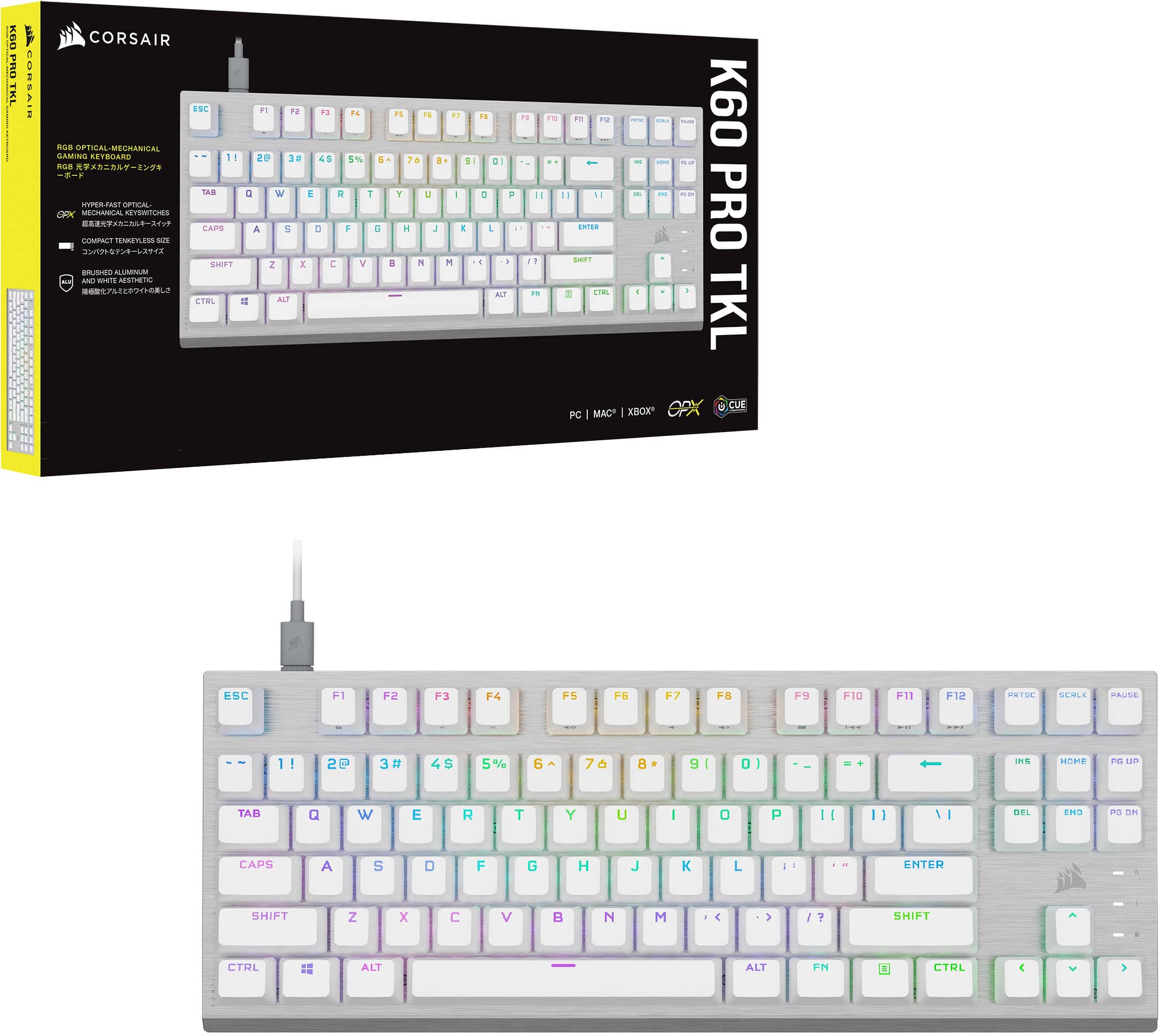 The image shows a white and purple keyboard, likely a Corsair SC keyboard, with a box next to it. The box contains the K60 Pro TKL, a mechanical gaming keyboard. The keyboard has a colorful design with white, purple, and green keys. The layout of the keyboard includes the standard QWERTY layout with additional function keys and a numeric keypad. The keyboard is designed for both PC and Mac use, making it versatile for different devices.
