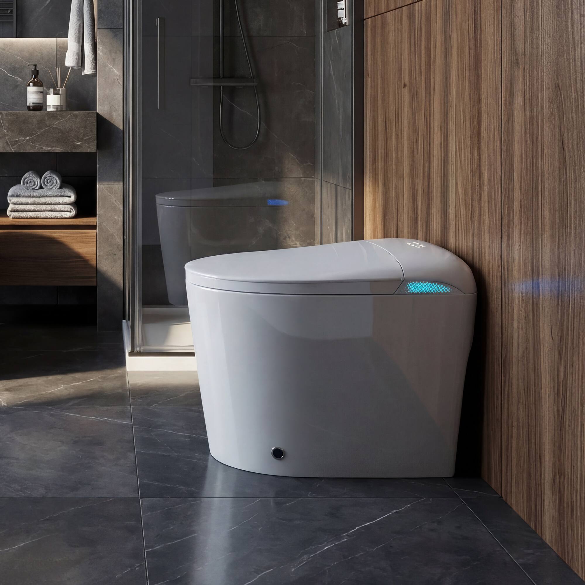 Angle. Famapy - Smart Toilet with Foam Shield & Aroma Diffuser-One-Piece Bidet Toilet with Auto Lid Heated Seat Warm Water Wash - White.