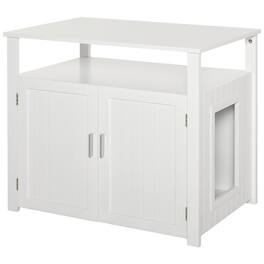 Pawhut - Wooden Cat Litter Box Enclosure Furniture with Partition, Cat Washroom End Table with Open Shelf - White