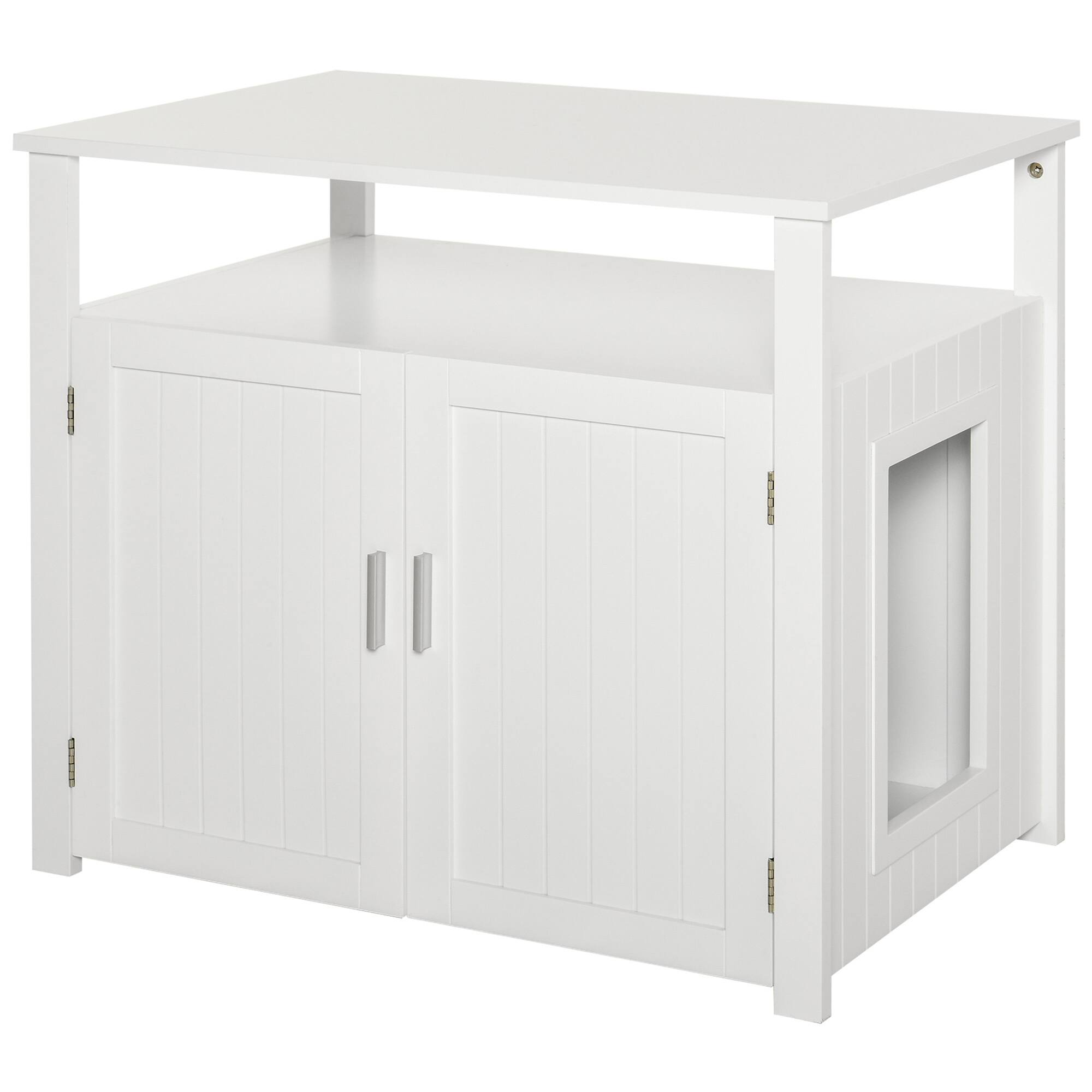 Front. Pawhut - PawHut Wooden Cat Litter Box Enclosure Furniture with Partition, Cat Washroom End Table with Open Shelf, White - White.