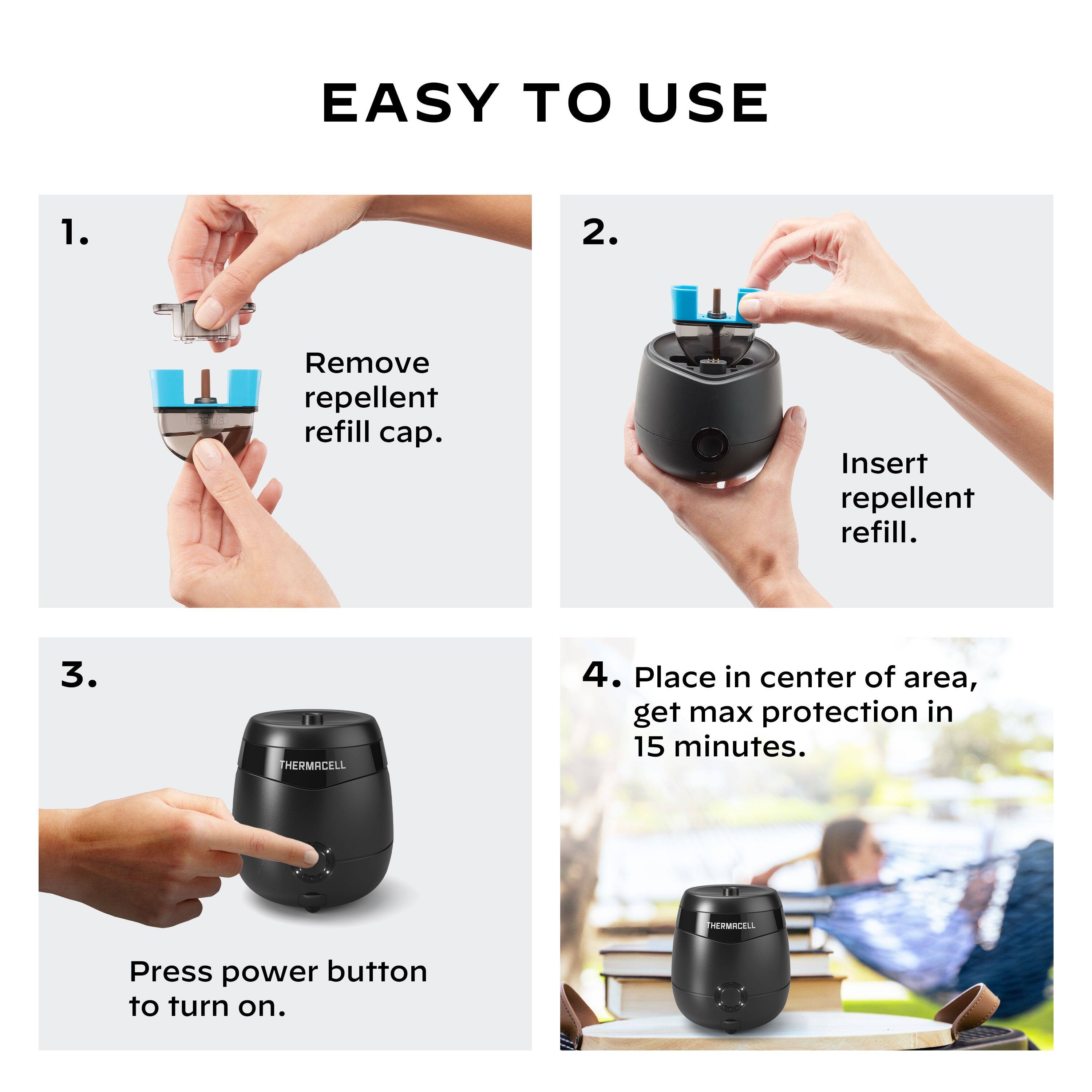 Easy To Use:
1. Remove repellent refill cap.
2. Insert repellent refill.
3. Place in center of area, get max protection in 15 minutes.
4. Press power button to turn on.