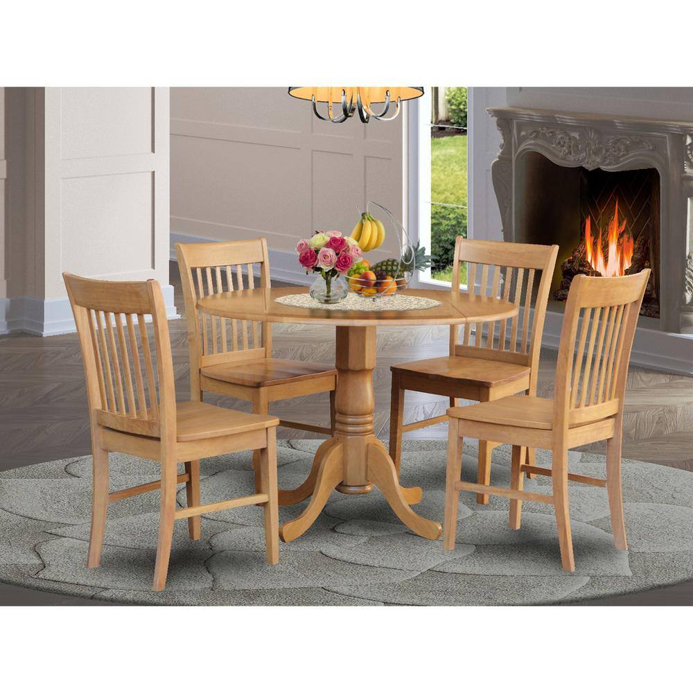 Back. East West Furniture - 5 Pc small Kitchen Table set-round Table and 4 Dining Chairs. - Oak.