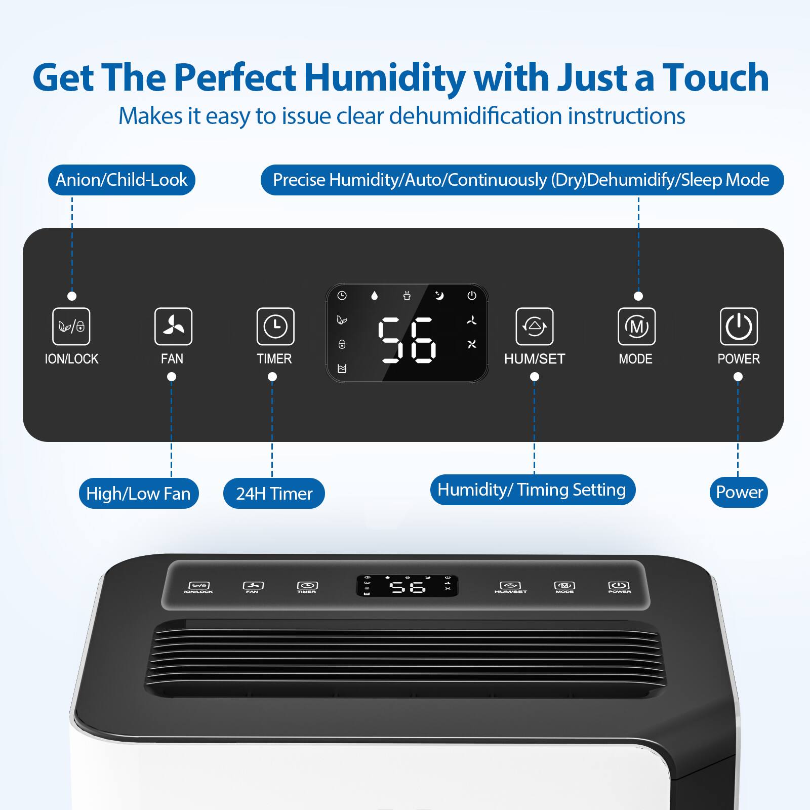 Get The Perfect Humidity with Just a Touch  
Makes it easy to issue clear dehumidification instructions  
Anion/Child-Look  
Precise Humidity/Auto/Continuously (Dry)Dehumidify/Sleep Mode  
ION/LOCK  
FAN  
TIMER  
HUM/SET  
MODE  
POWER  
High/Low Fan  
24H Timer  
Humidity/ Timing Setting  
Power