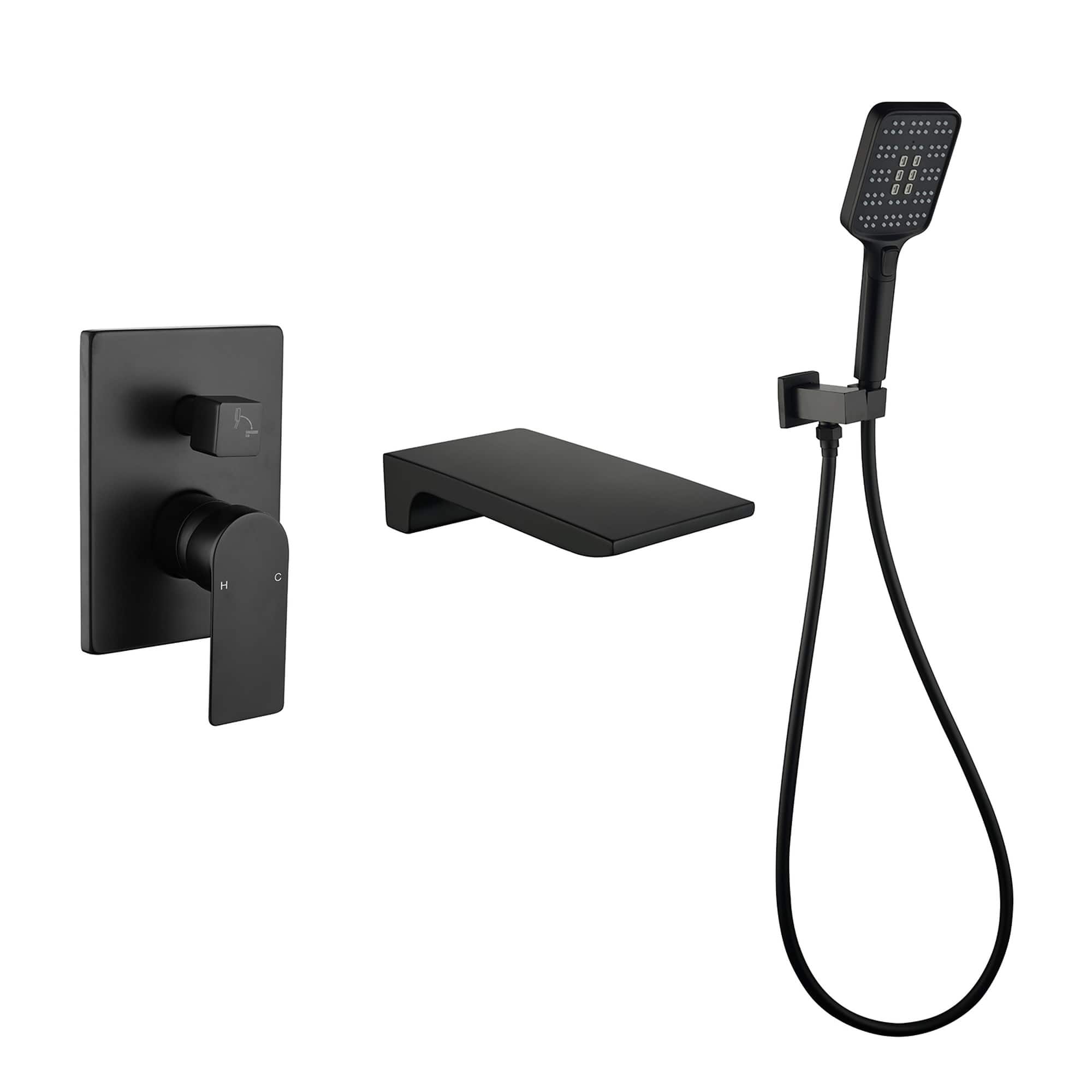 Boyel Living - Matte Wall Mount Bathtub Faucet Brass 2-Function Valve Push-Button Handheld 60-Inch PVC Hose cUPC - Black