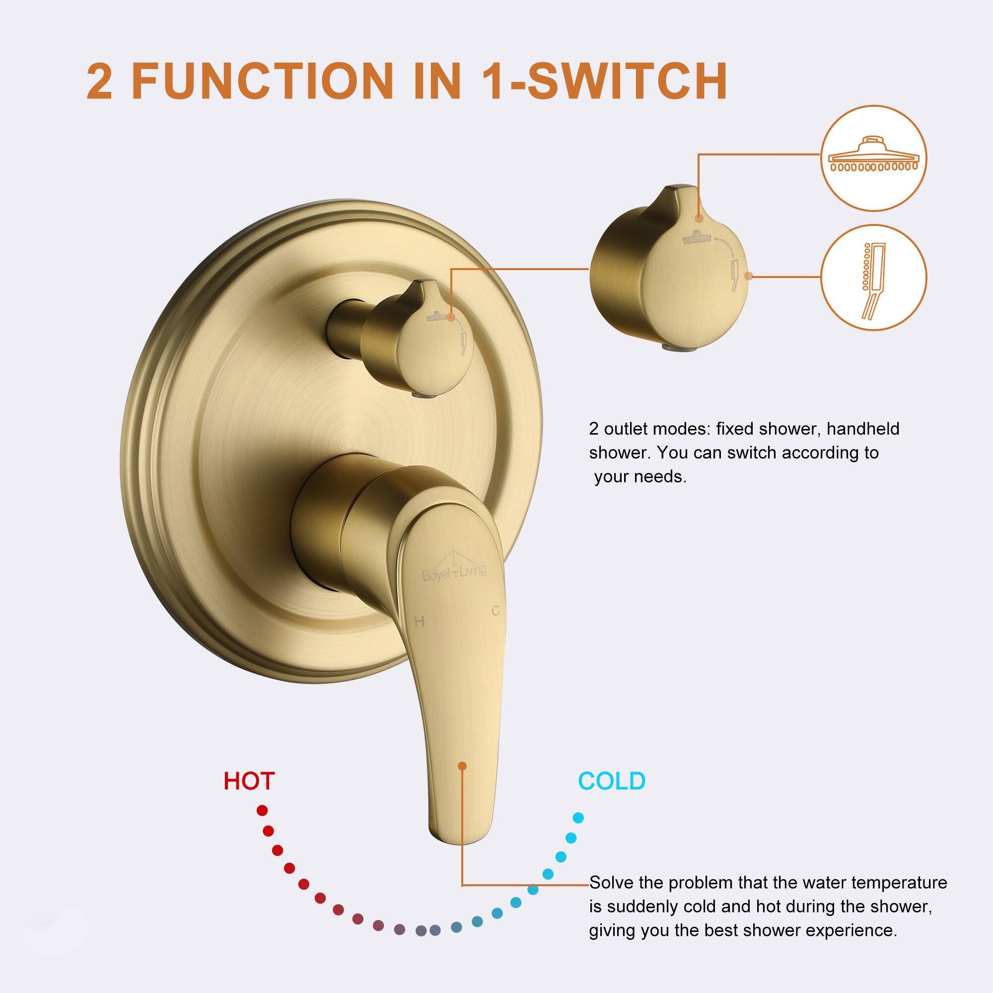 2 FUNCTION IN 1-SWITCH

2 outlet modes: fixed shower, handheld shower. You can switch according to your needs.

Boyel-Living

HOT COLD

Solve the problem that the water temperature is suddenly cold and hot during the shower, giving you the best shower experience.