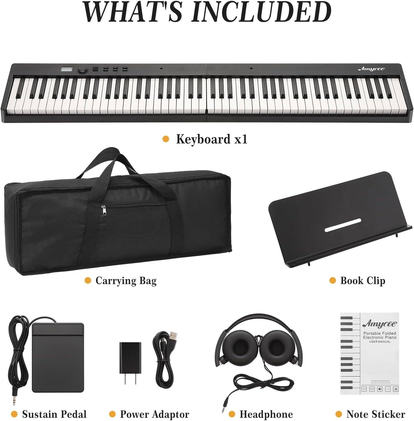 WHAT'S INCLUDED

- Keyboard x1
- Carrying Bag
- Book Clip
- Sustain Pedal
- Power Adaptor
- Headphone
- Note Sticker