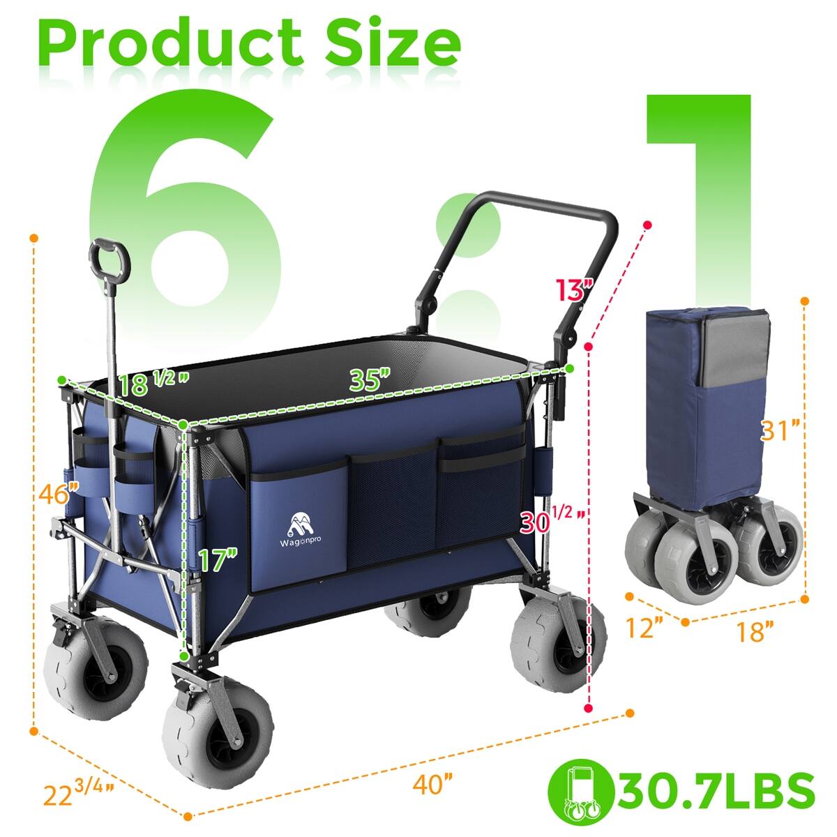 Product Size:  
- 6: 18 1/2" x 35" x 46"  
- 1: 13" x 30 1/2" x 31"  
- 12" x 18" x 22 3/4"  
- 40"  
- 30.7LBS