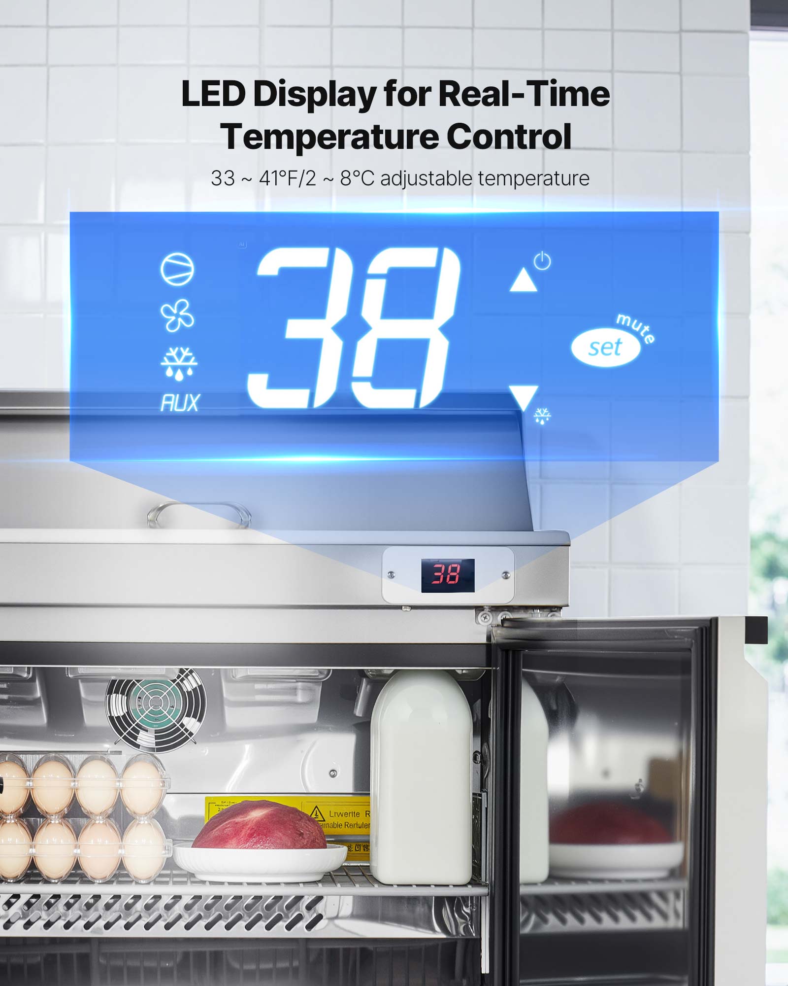 LED Display for Real-Time Temperature Control  
33 ~ 41°F/2 ~ 8°C adjustable temperature  

38  

AUX  

mute  
set  

38  

Linwerte R  
embar Rerufelt